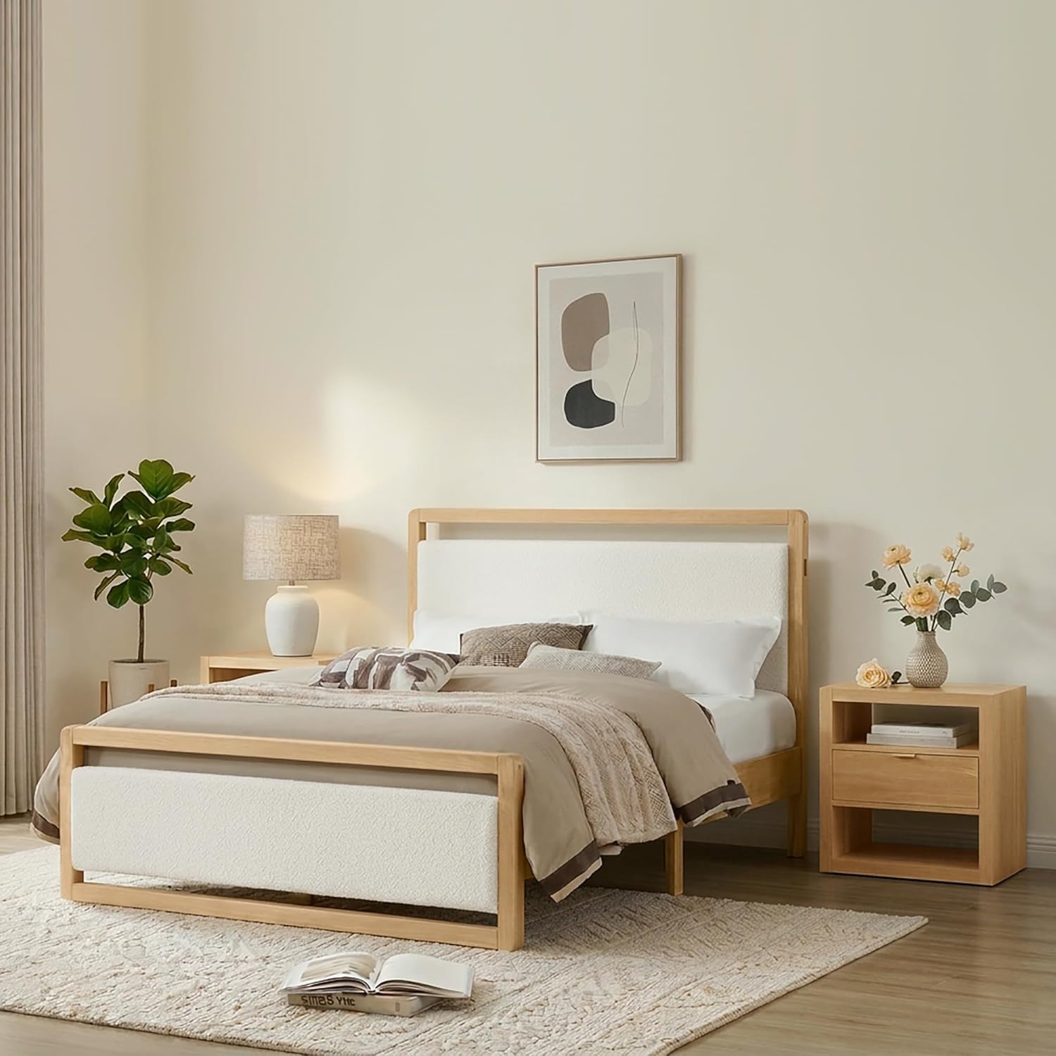 KISLOT Wood Bed Frame with Headboard and Footboard, Mattress Foundation with USB Charging Strong Wooden Slat Support Noise-Free Easy Assembly No Box Spring Needed