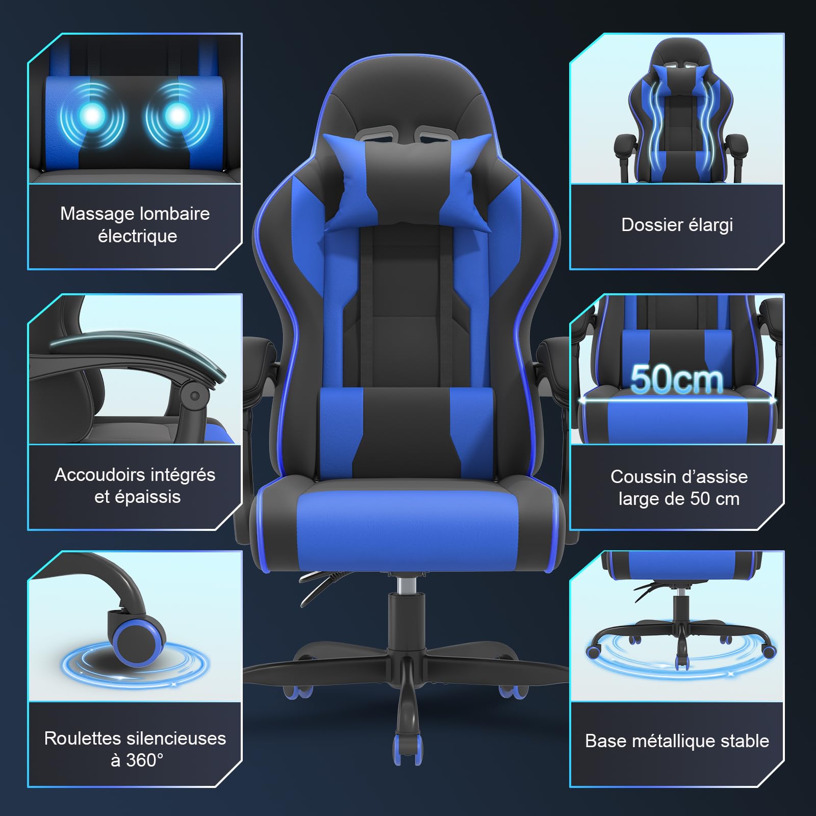 JUMMICO Chaise Gaming avec Massage Lombaire, Chaise Bureau Ergonomique avec Dossier Inclinable, Fauteuil Gaming avec Assise Douce et Résistante, Idéale pour Jeux et Boulot, Bleu