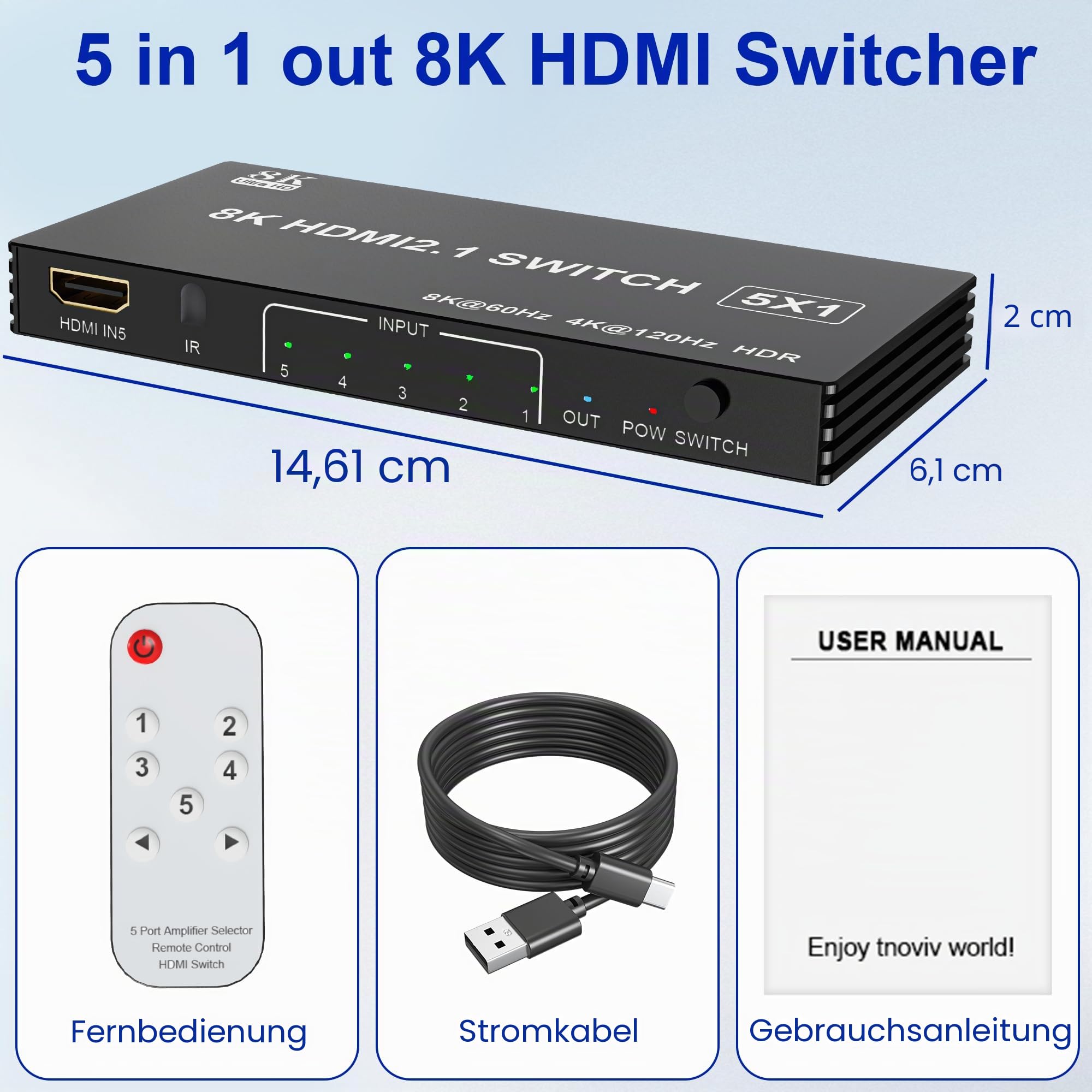 HDMI 2.1 Switch 4K 120Hz, 8K HDMI Umschalter 5 In 1 Out mit IR-Fernbedienung, Selector Switcher 5 Port Auto Selector Hub Unterstützung 8K 60Hz 48Gbps VRR HDCP2.3 HDR10 für Xbox Series X PS5