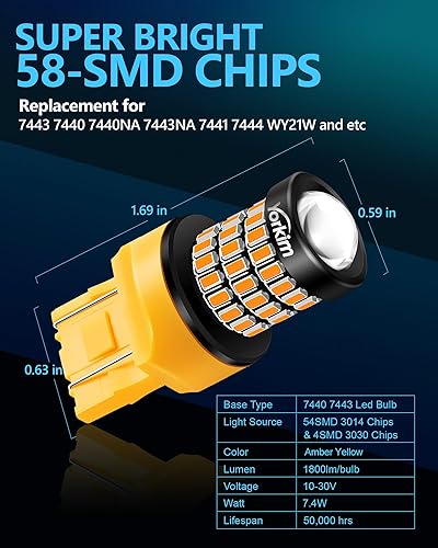 Miniatura 4 de Yorkim 7440 Bombilla LED ámbar 7443 ámbar bombilla LED ámbar, ultra brillante T20 Led 7440a bombilla LED W21W bombilla ámbar para luz de marcha