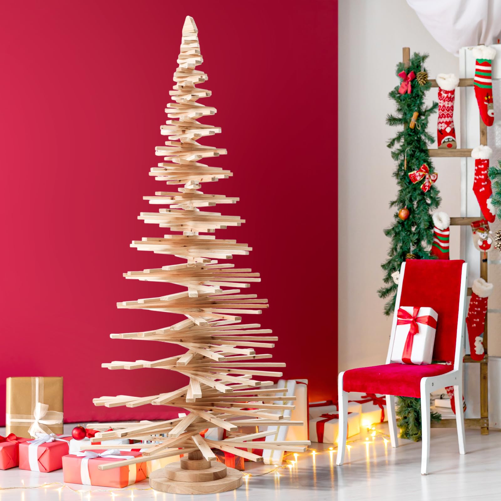 5 ft Wood Christmas Tree Display Wooden Rustic Christmas Village Tree Indoor Decoration Large Christmas Tree with Shelves Xmas DIY Craft Wood Tree for Home Office Decor Ornament Display