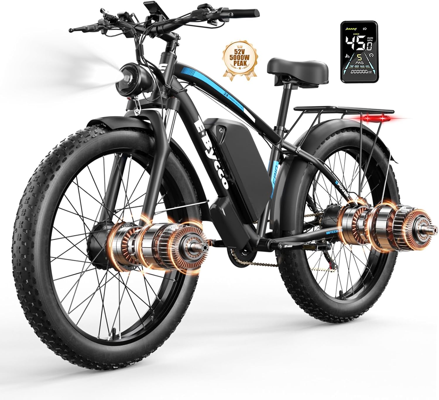 Peak 5000W 52V Dual Motor Ebike 40-47MPH 24 Inch Electric Bike for Adults 32AH Battery 100 Miles Long Range with Hydraulic Disc Brake Dirt Mountain Electric Bicycles Fat Tire E Bike for All Terrain