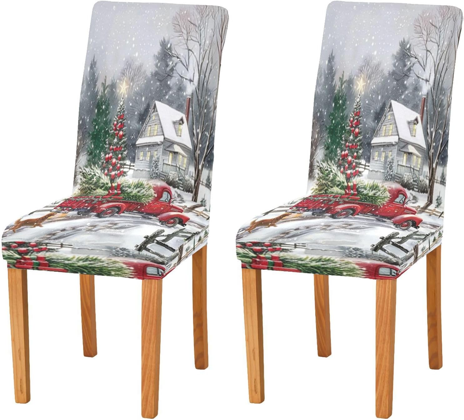 Winter Snowflakes Christmas Red Truck Dining Room Chair Covers Xmas Fir Tree Snow Dog New Year Seasonal Chair Seat Slipcovers Removable Washable Chair Cover Protector For Kitchen Restaurant Hotel 4pc