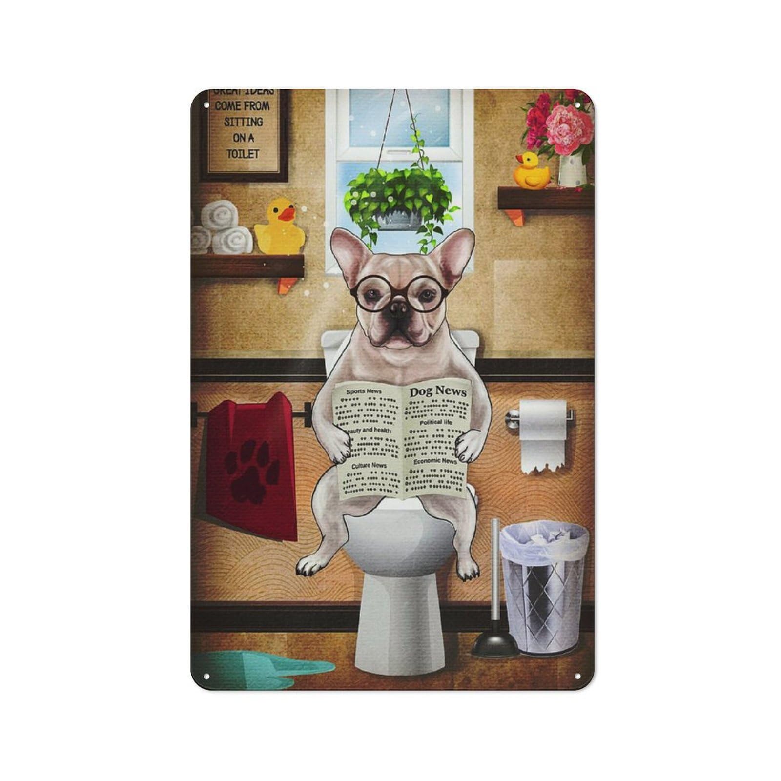 For Café Or Restaurant, Frenchie Flush Toilet Art Rustic Metal Plaque 30x20cm, for Hospitality Interior Collectors Refreshing A Room in Autumn