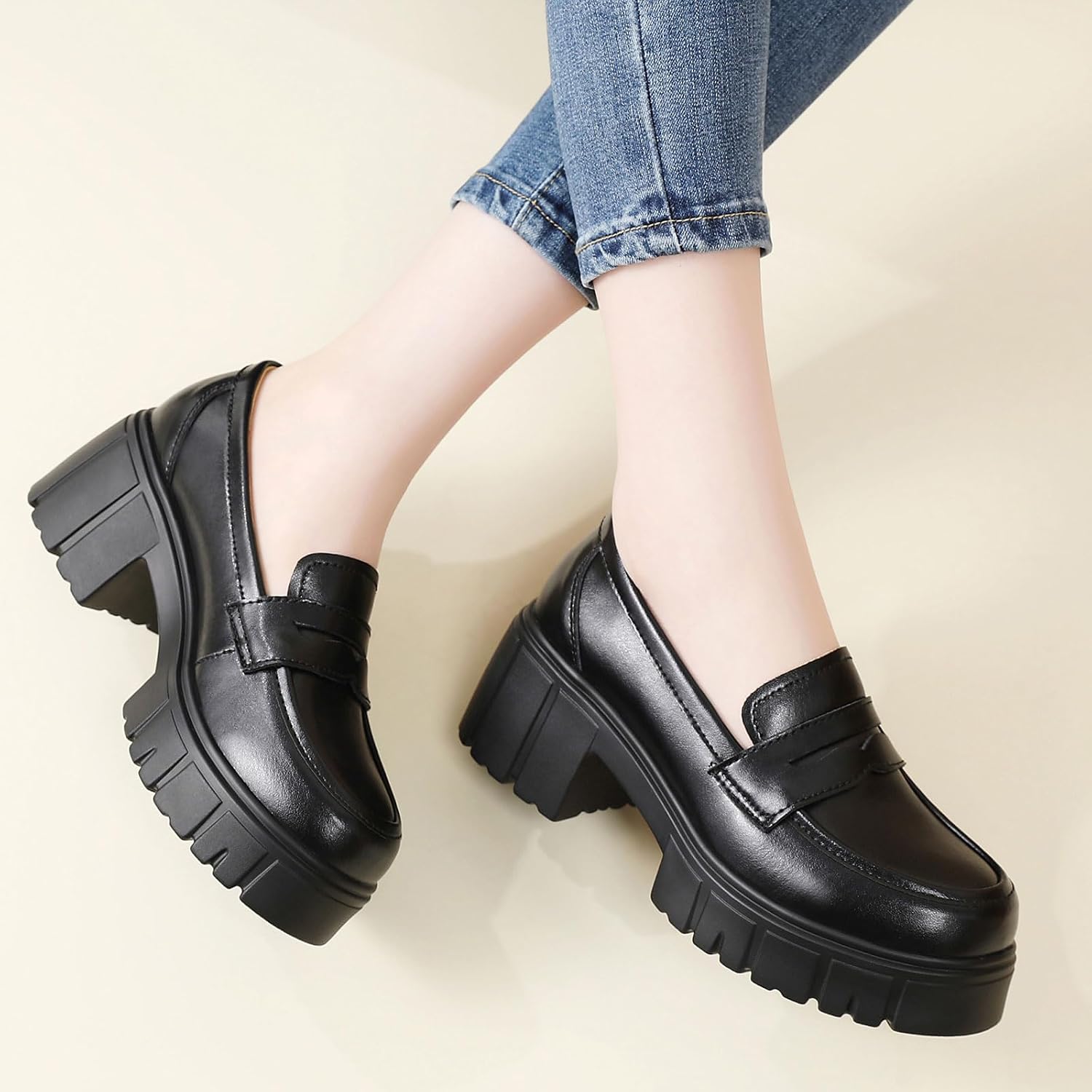 Platform Loafers for Women Penny Loafer Chunky Heel Leather Shoes