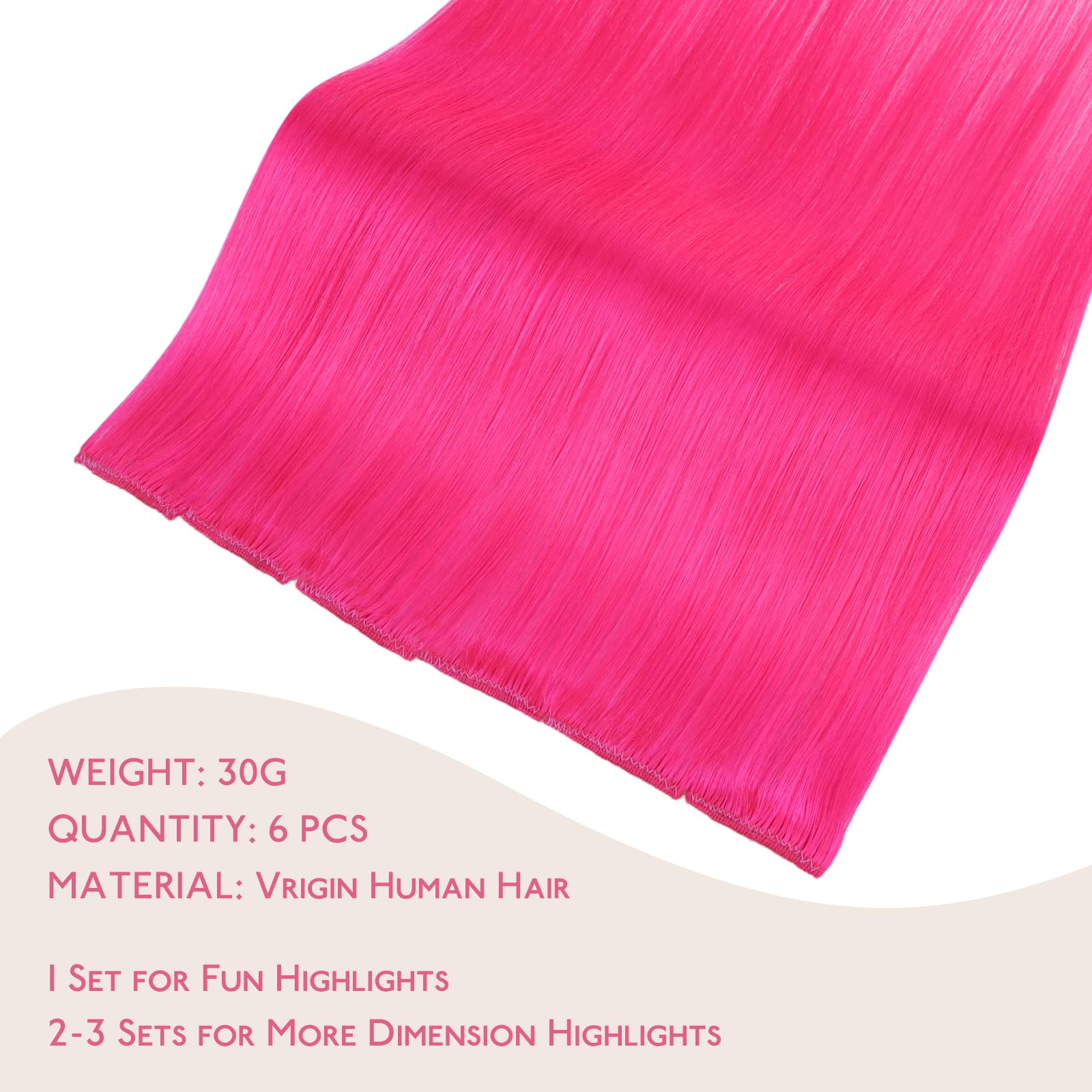 WENNALIFE Hot Pink Clip in Hair Extensions Real Human Hair 30g 6pcs 24 Inch Colored Extensions for Kids Women Colorful Hair Pieces Pop-up Style Straight De Cabello Humano Con Clip - Image 2