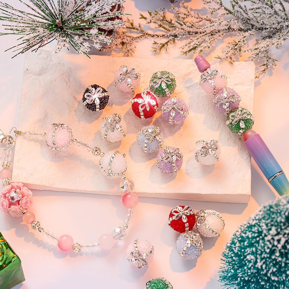 Decoendiy 16Pcs Rhinestone Focal Beads for Pens,Fancy Bling Glitter Sparkle Chunky Diamond Straight Hole Printed Star/Moon Acrylic Beads with Chain,for Jewelry Keychain DIY Making - Image 4