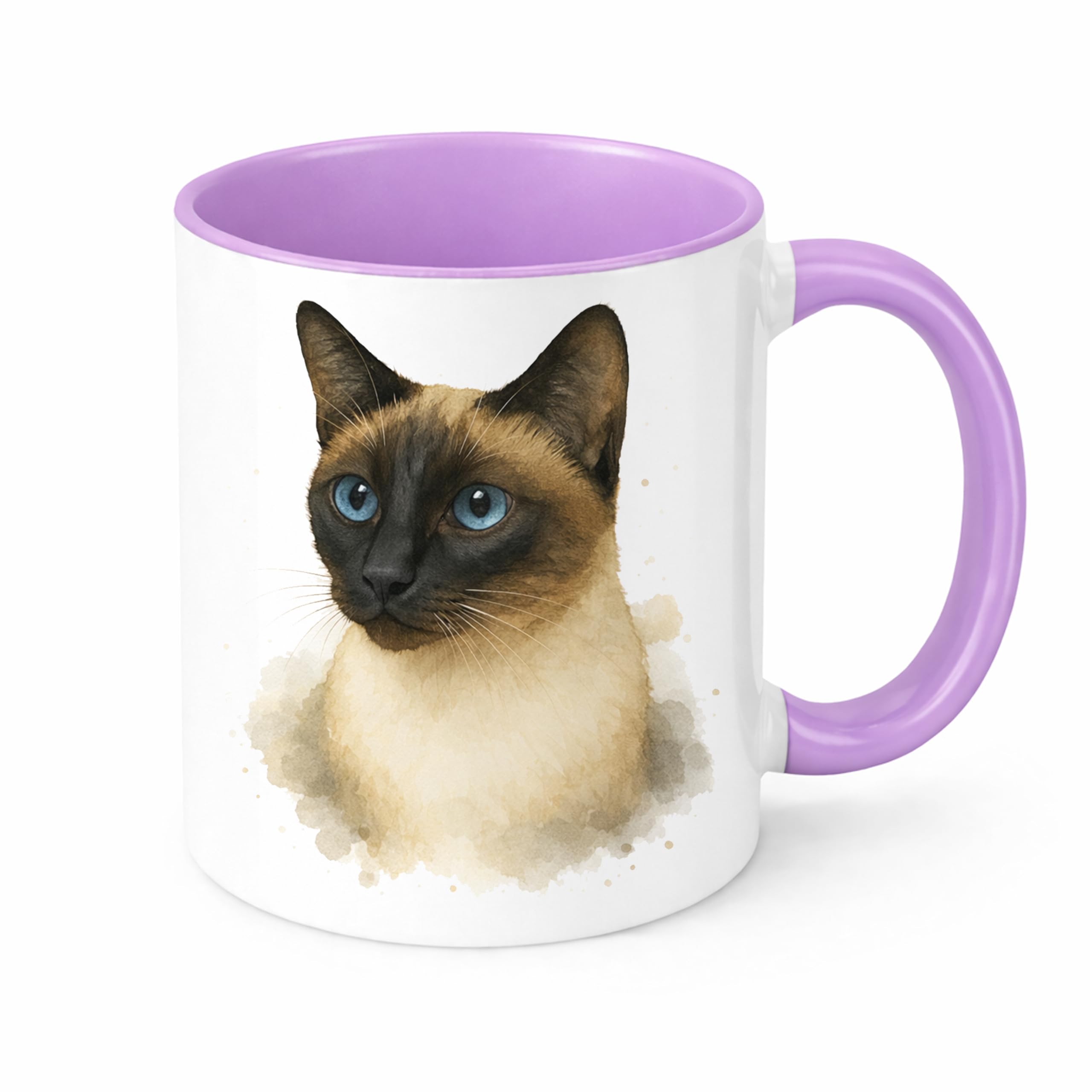 Brew Crew Gifts Siamese Cat Watercolour Mug, White Ceramic, Double-Sided Print, Dishwasher and Microwave Safe, 11 oz (Lilac)