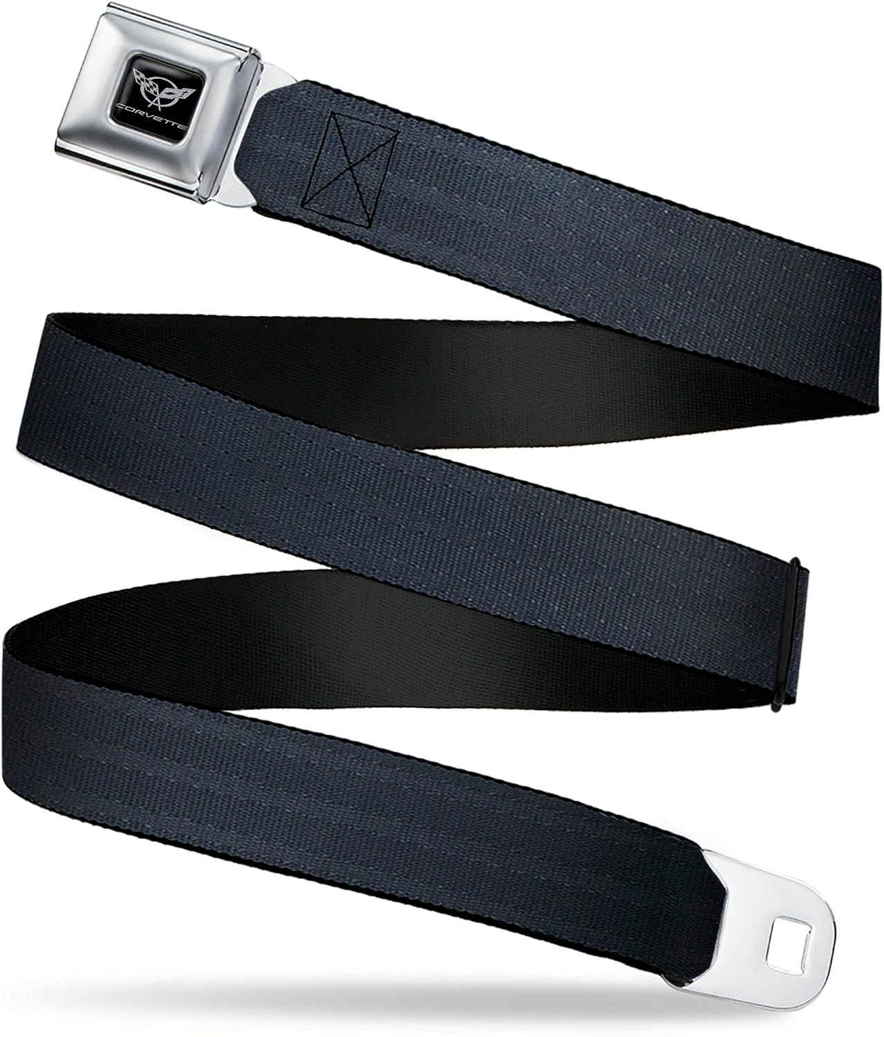 GM General Motors Belt, Seatbelt Buckle Belt, Corvette Logo Reclaimed Black Panel, 30 to 44 Inches