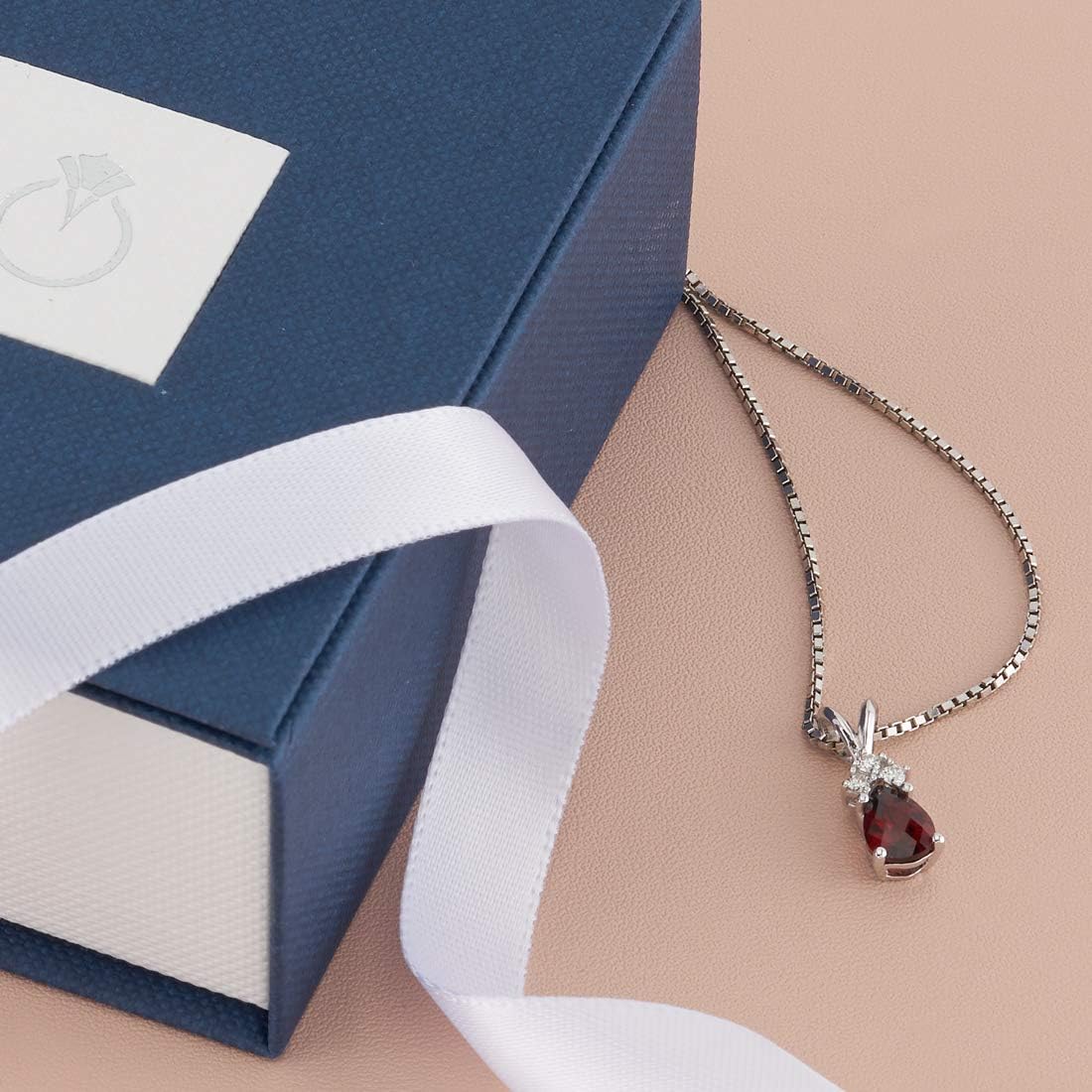 PEORA Garnet with Genuine Diamonds Pendant in 14 Karat White Gold, Dainty Teardrop Solitaire, Pear Shape, 7x5mm, 1 Carat total, Sparkling V-Day Gift, Valentine's Gift for Her, Wife, Sister