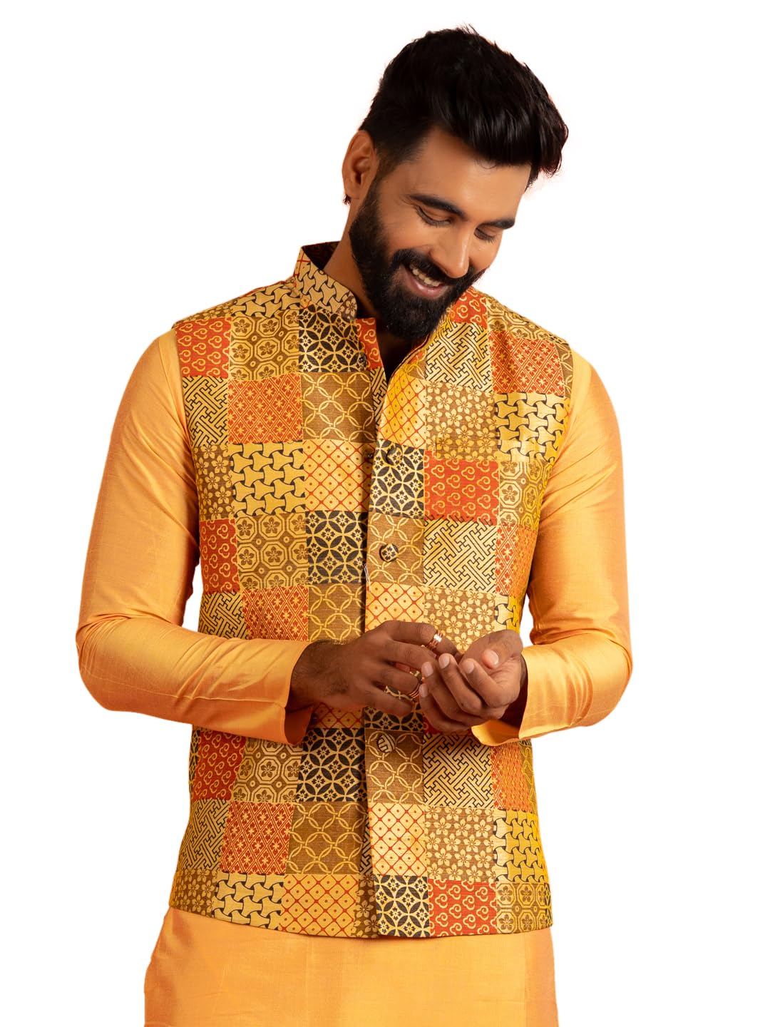 Men's Nehru Jacket, Yellow Dupion Silk, Printed Regular Fit Mandarin Collar Long Sleeves-image-36