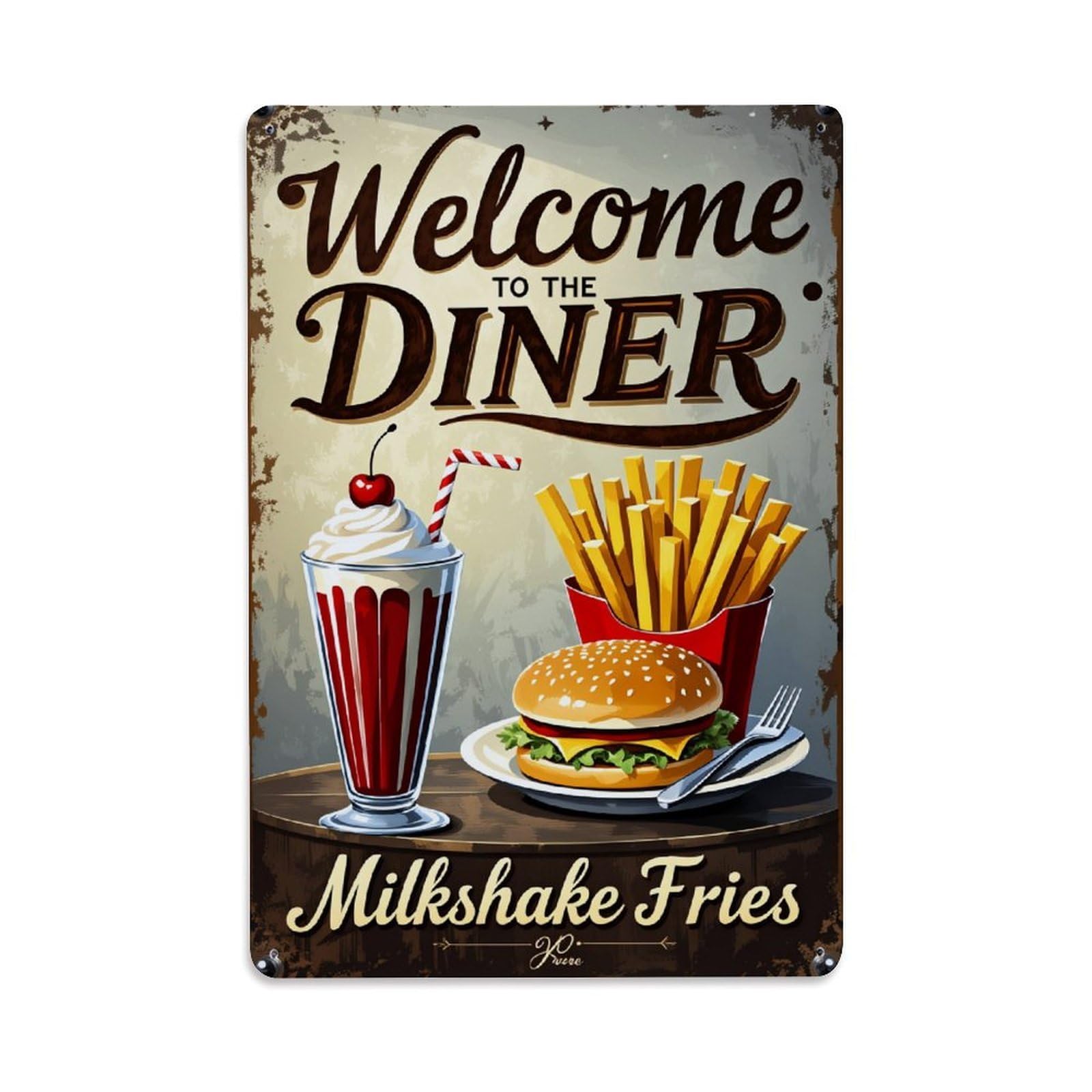 Enderetf Vintage Welcome To The Diner Milkshake Fries Tin Sign Metal Poster, Home Bar Garage Man Cave Cafe Indoor & Outdoor Wall Decoration 8X12inches