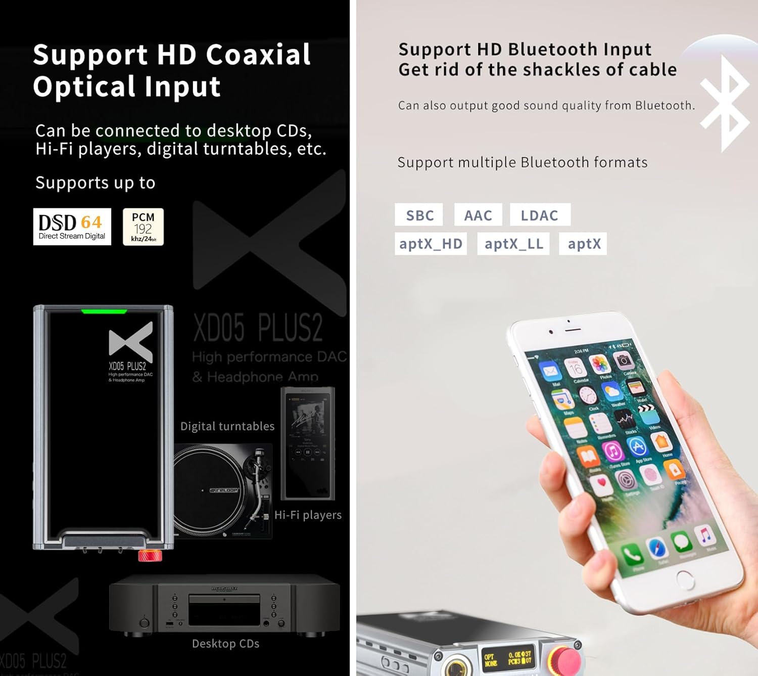 xDuoo XD05 PLUS2 Portable DAC Headphone Amp - 1200mw Out Power Bluetooth 5.1 USB Support UAC1.0/2.0 PCM384KHZ/DSD256/MQA with EQ Adjustment