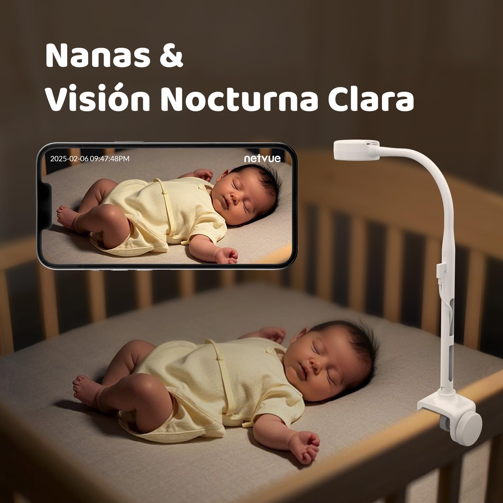 Netvue 1080P Camara Vigilancia Bebe con Soporte 4 en 1, Vigilabebes Camara con App Gratuita, Visión Nocturna, Audio Bidireccional, Análisis del Sueño, Canción de Cuna, Detección de Gritos y Movimiento