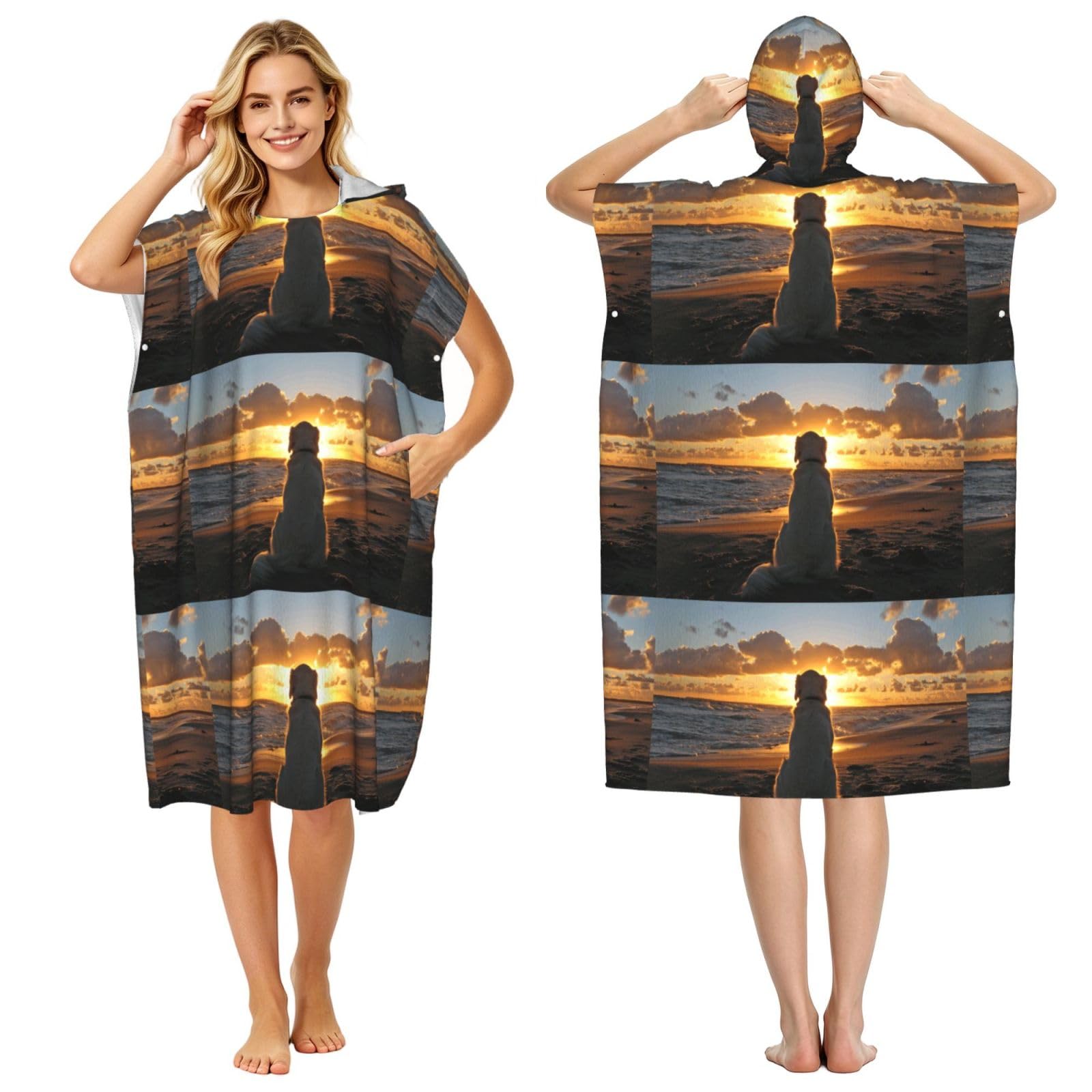 Poadnly Golden Retriever At Sunset, Adult Hooded Beach Towel 90 x 110 cm,Changing Bath Robe, Surf Poncho Towel For Women Men
