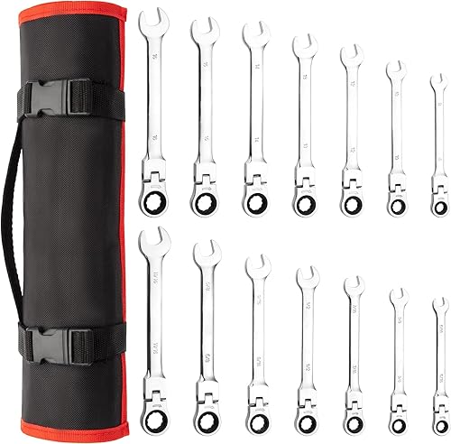 Juego de llaves de trinquete métricas de 14 piezas de 0.23 a 0.79 pulgadas, llaves combinadas de trinquete de cabeza fija con bolsa de