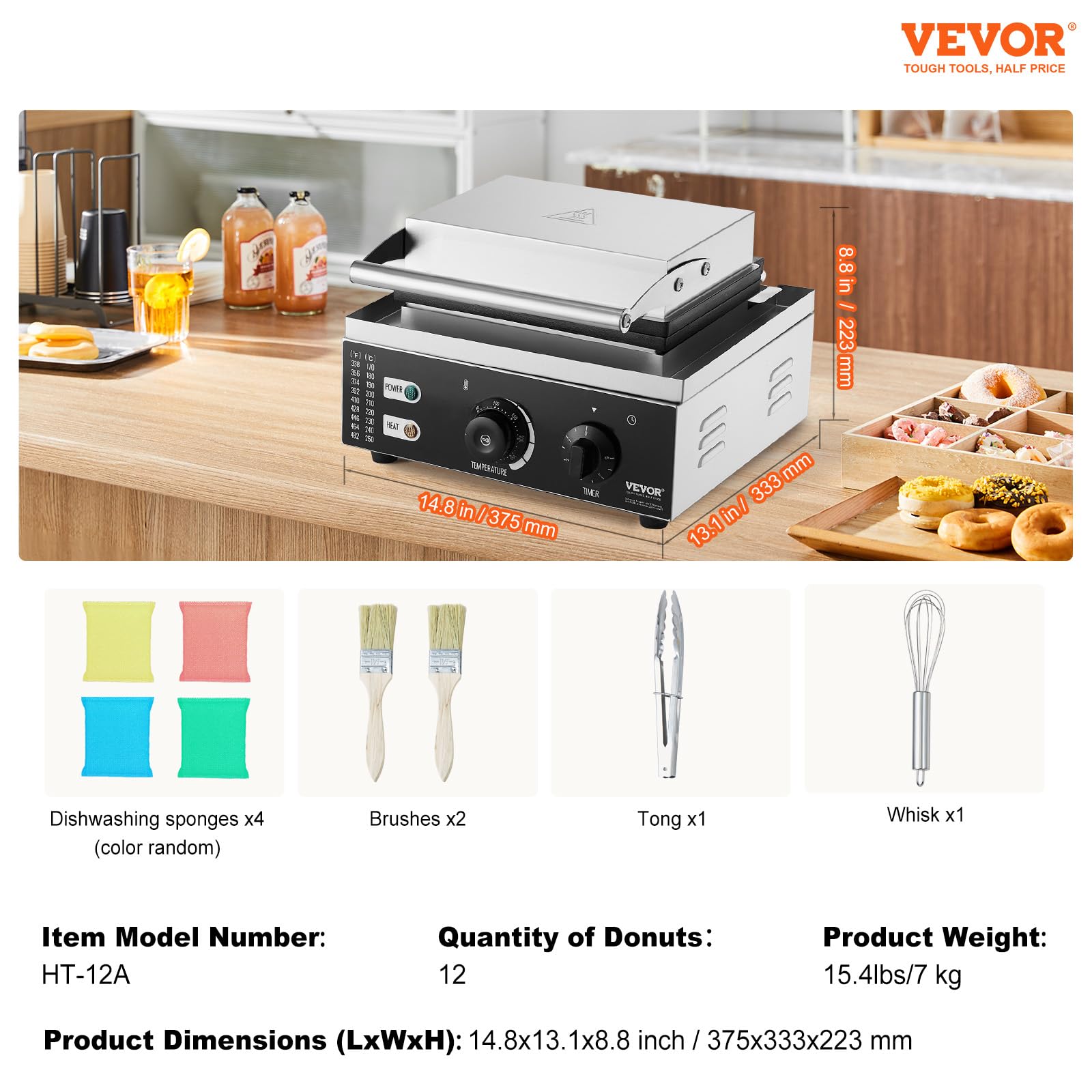 VEVOR Machine à beignets électrique, 1550 W, appareil à donuts commercial avec surface antiadhésive, machine à gaufres chauffante double-face à 12 trous, 50-300 ℃, pour restaurant et usage domestique