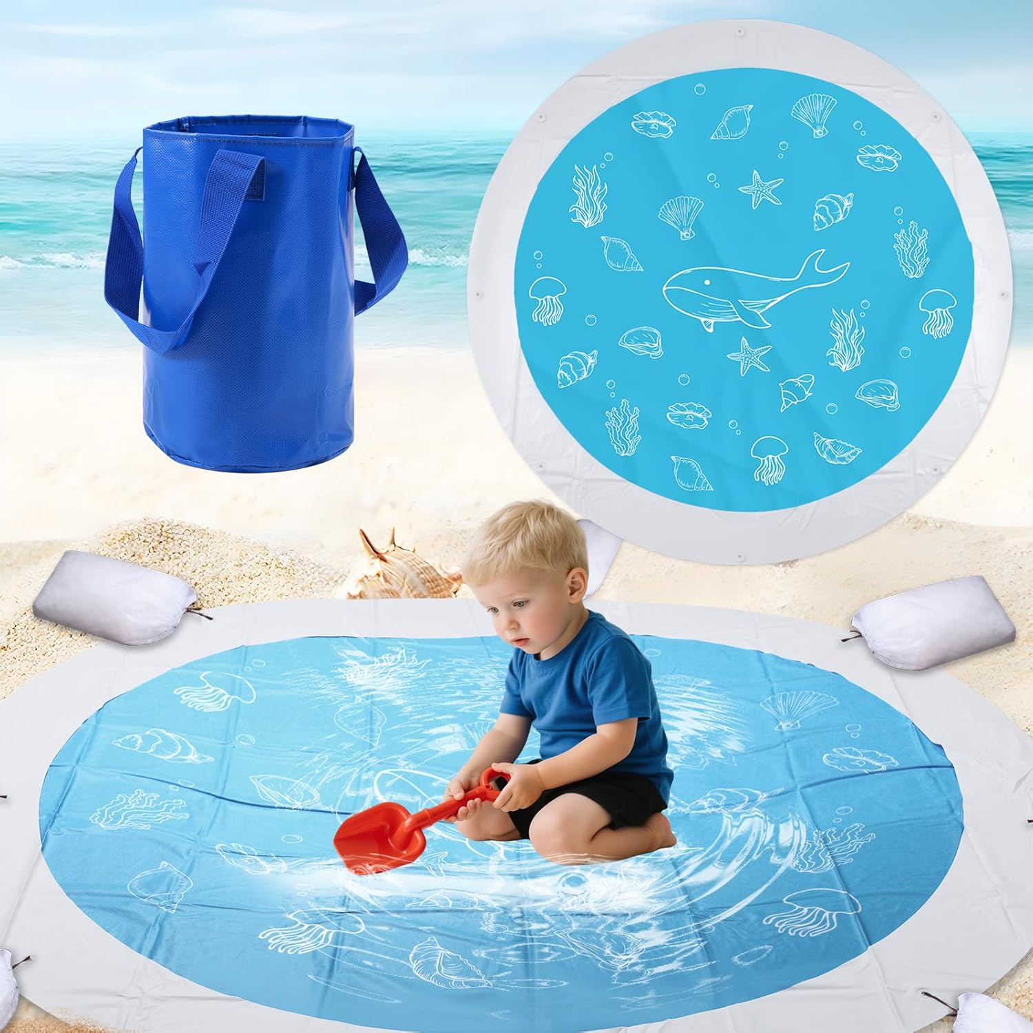 6.9FTx6.9Ft Beach Pool, Portable Foldable Plastic Kids Pool Blanket with 8 Fixed Holes, Waterproof Beach Mat Kit with Storage Bag 8 Drawstring Bags 8 Pegs for Toddlers Vacation Swimming Picnic