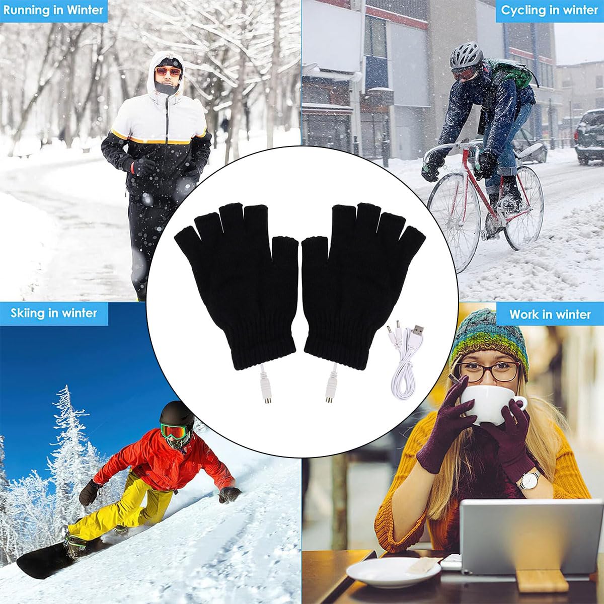 Gants Chauffants USB Tricotés Demi-Doigts - Mains Chaudes Pour Ordinateur, Bureau Et Activités D'Hiver - Noir