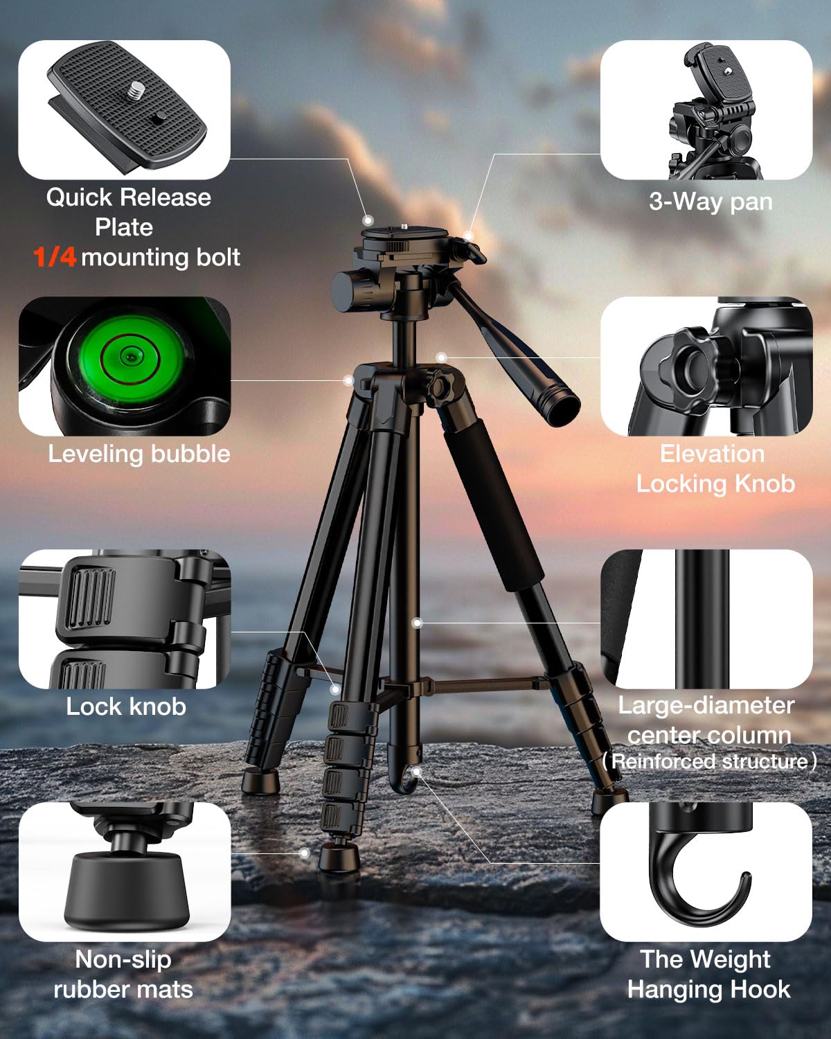 Treppiede per fotocamera da 185,4 cm, compatibile con GoPro/DSLR/cellulare/videocamera, treppiede professionale in alluminio con supporto per telefono, borsa da viaggio, carico massimo 4 kg (nero)