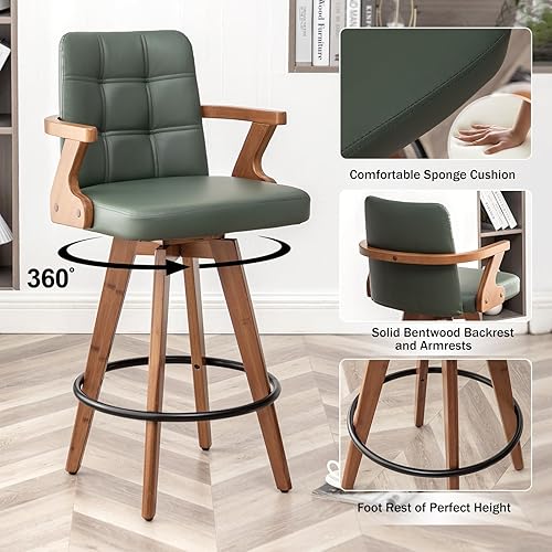 Miniatura 3 de Taburetes de bar de 26 pulgadas de altura de mostrador, silla de bar tapizada de cuero, taburetes de bar giratorios con respaldo y brazos, juego de