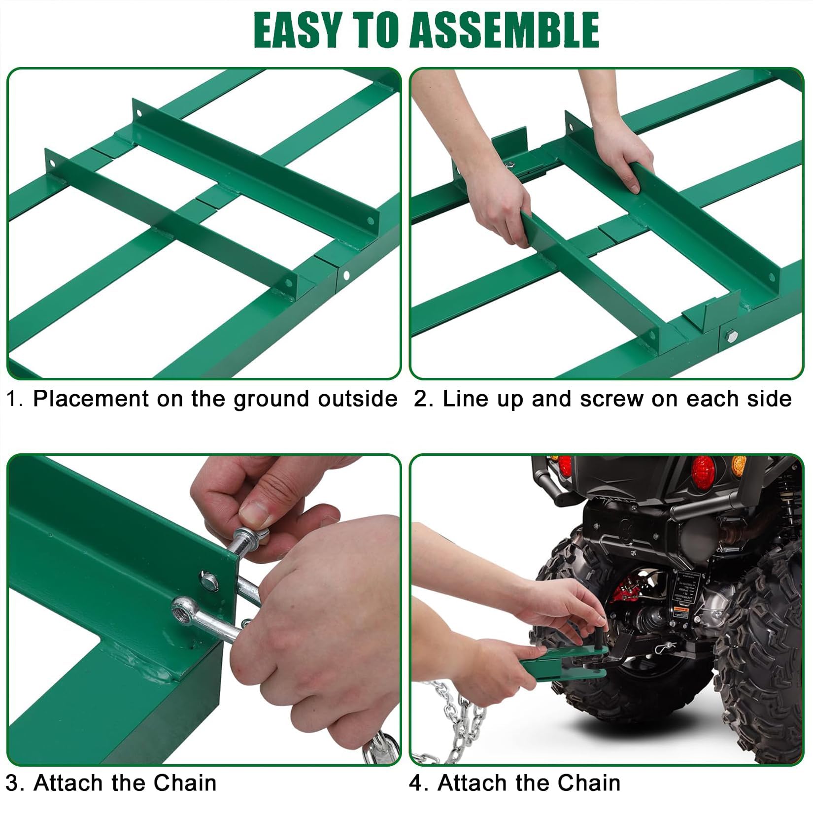 Garvee Herse de nivellement lourde pour pelouse et allée – Accessoire pour tondeuse, ATV, UTV, tracteur – Égalise gravier, sable, sol – Chaîne 6FT incluse – Durable – Vert, 122x51cm