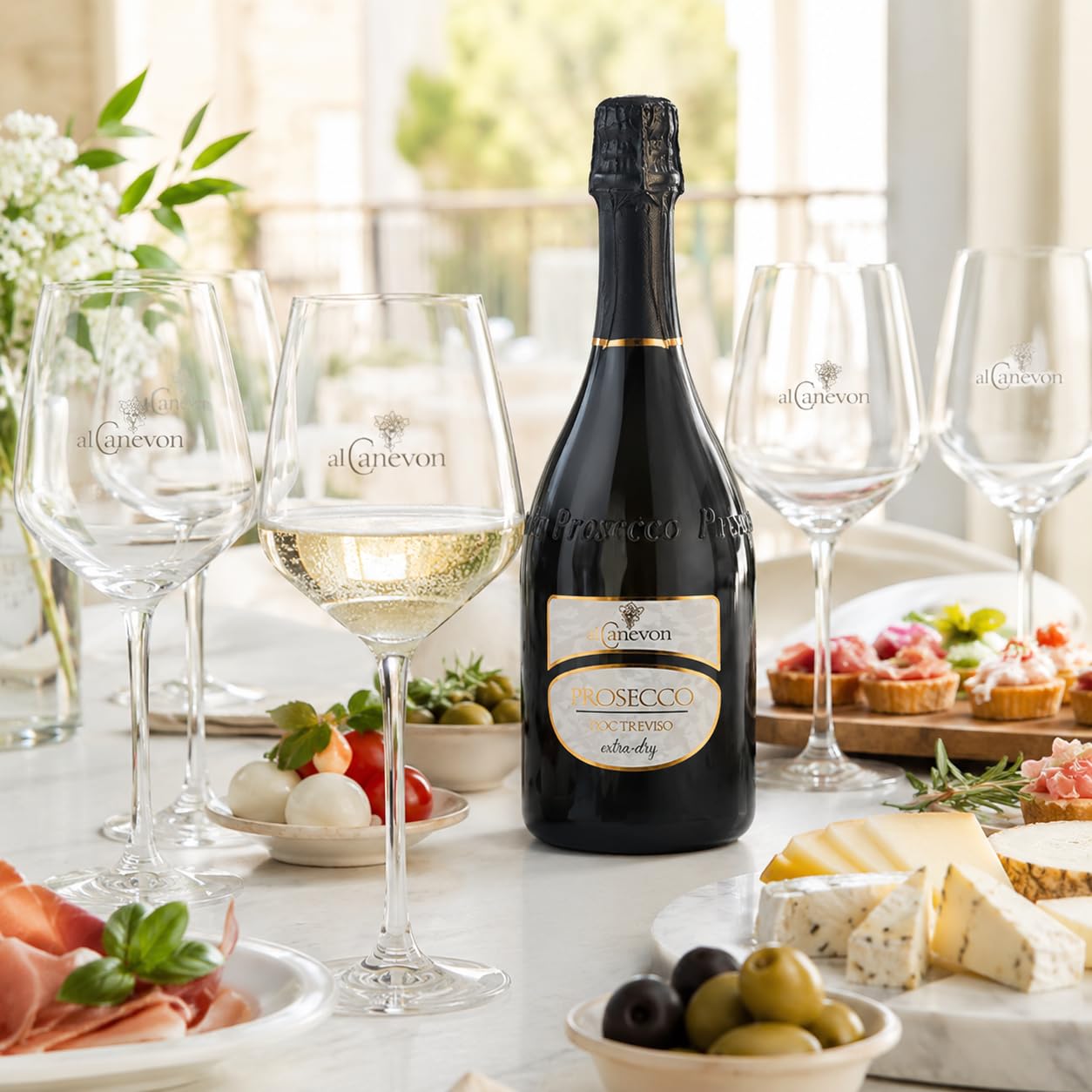 Prosecco DOC Treviso Extra Dry Al Canevon – Confezione 6 Bottiglie da 750 ml con 6 Calici Omaggio – Vino Spumante Italiano, Ideale per Aperitivo, Brindisi e Regalo