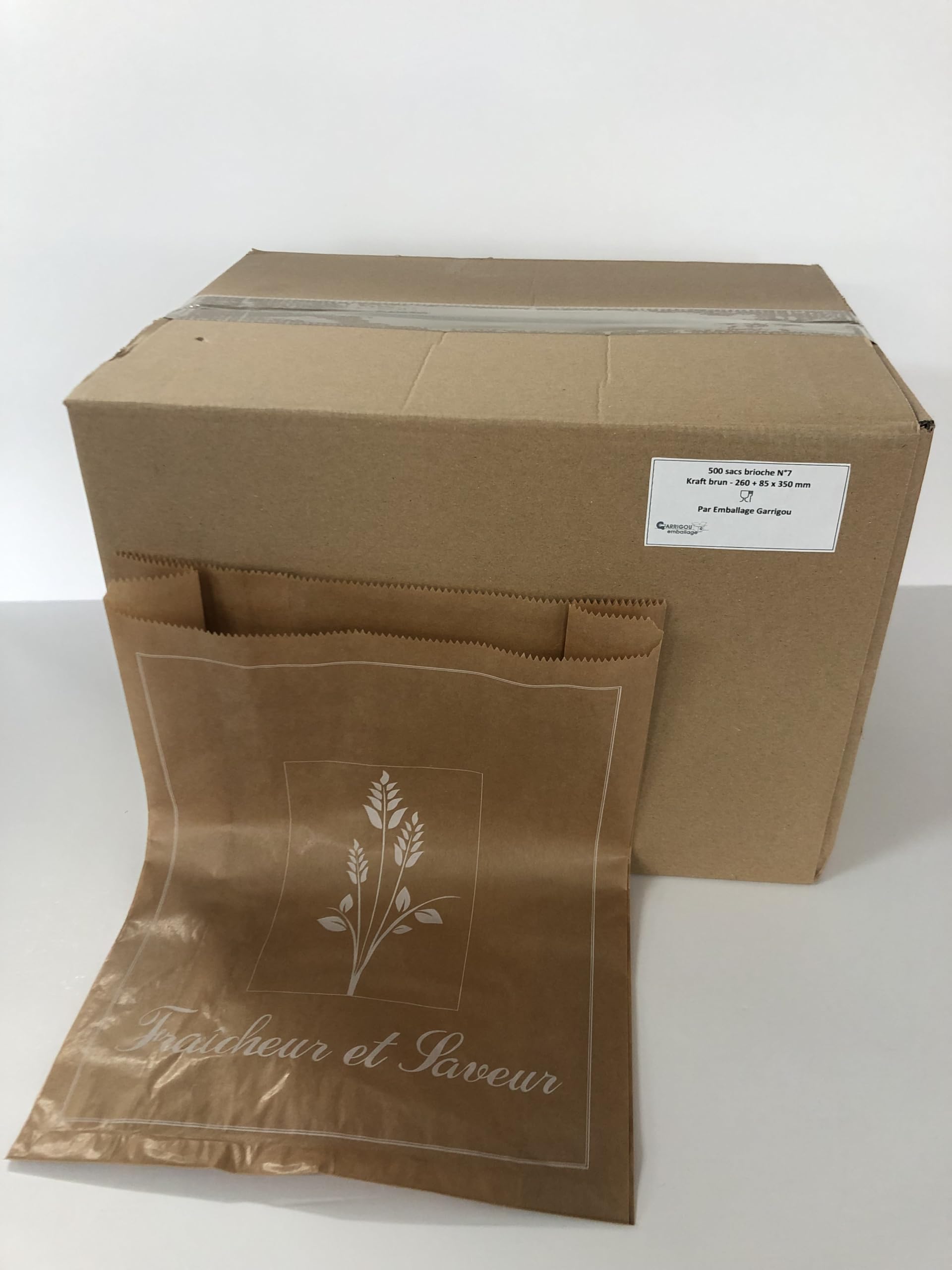 Sacs brioches papier kraft brun inscription « Fraîcheur et saveur » 260 + 85 X 350 mm 30g 1000 sacs viennoiserie brioche pâtisserie boulangerie