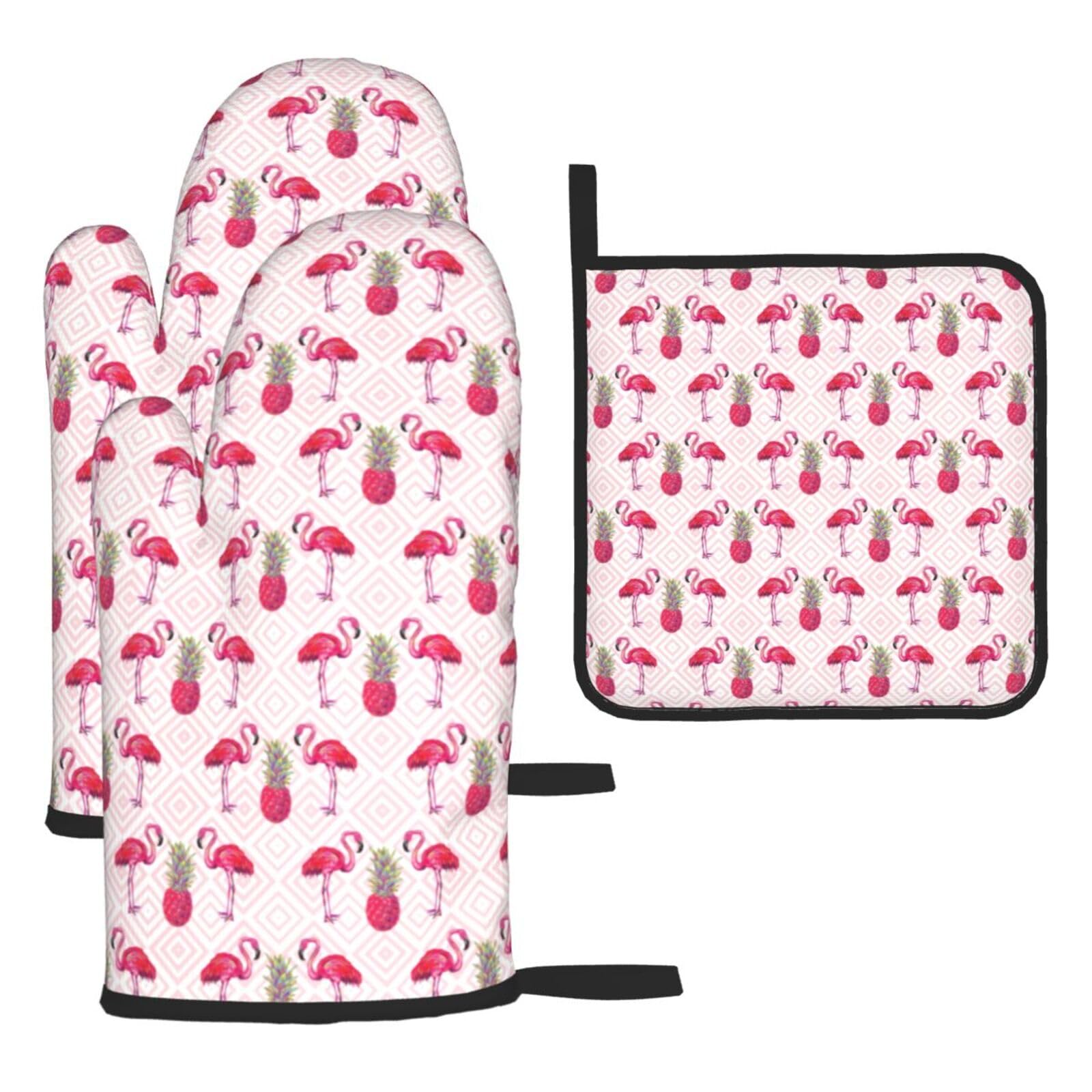 Pink Flamingo Pineapple Print Oven Mitts Kitchen Gloves Set Everyday Baking Grilling Microwaving Cooking Gift