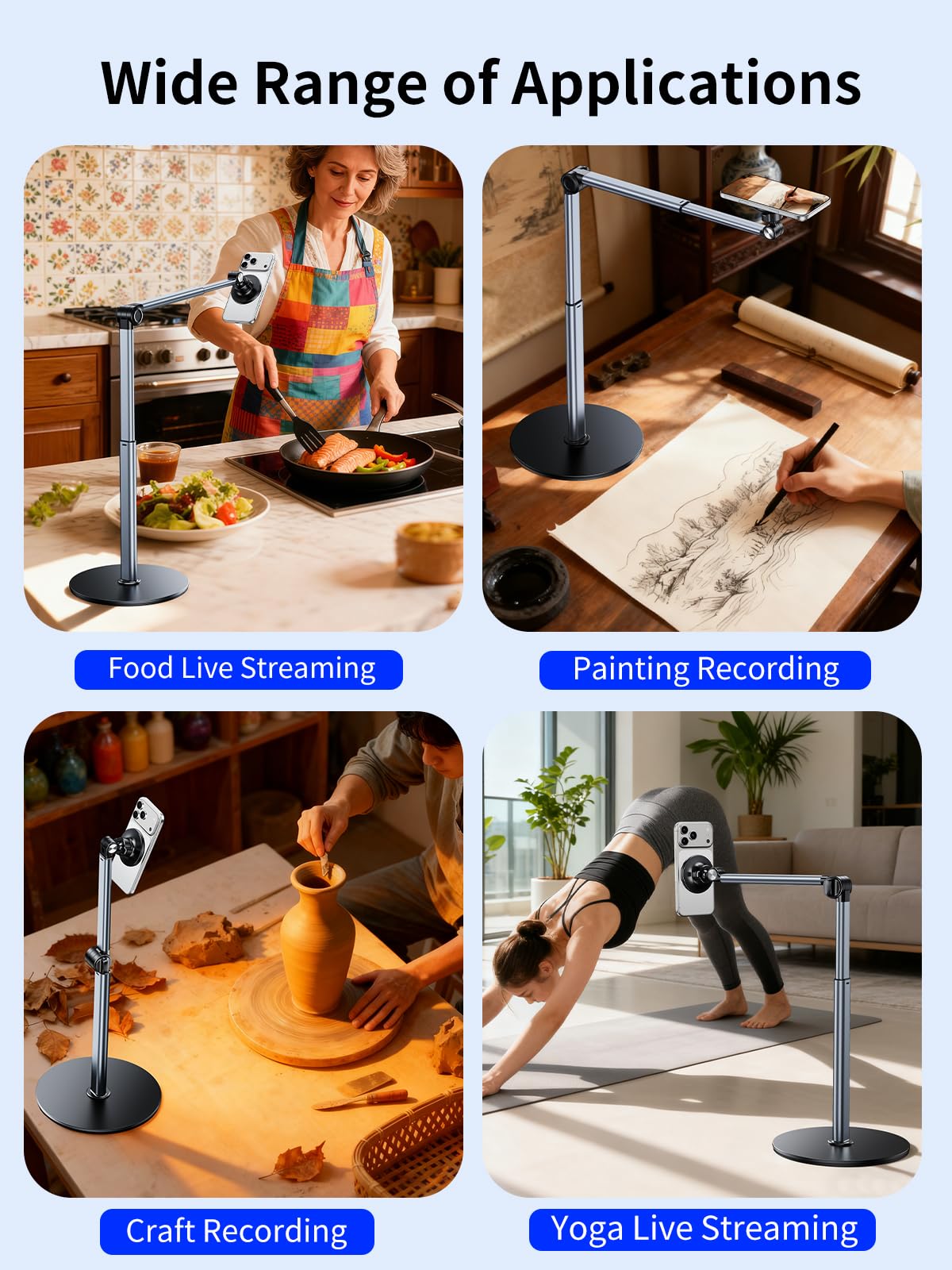 Magnetischer Überkopf-Telefonständer für Aufnahmen, Aluminium Höhenwinkelverstellbare Telefonhalterung für Schreibtisch mit flexiblem Arm, iPhone Stativhalterung für Videoaufnahmen, Kochen