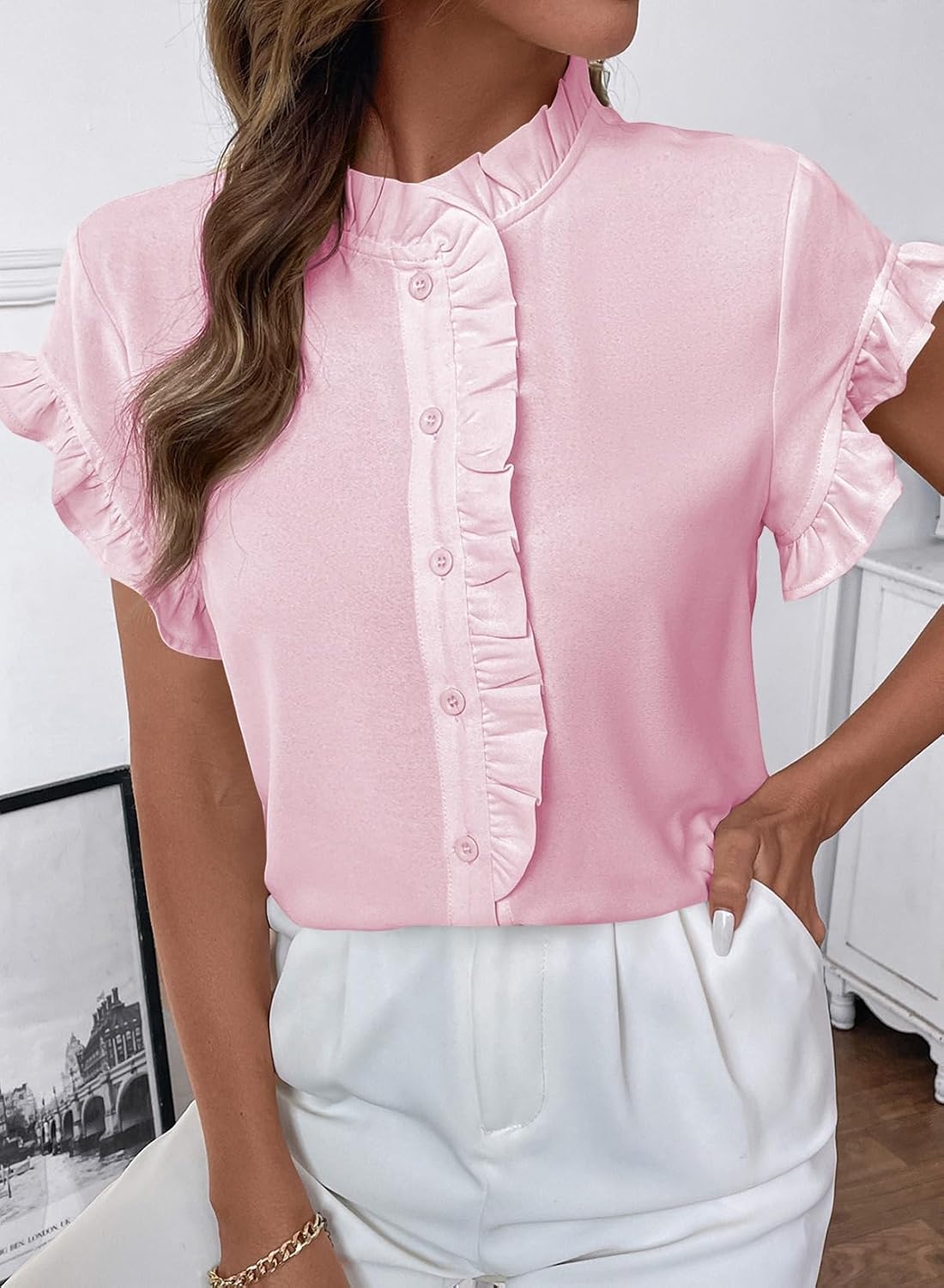 BLENCOT Button Down Shirts Women Summer Ruffle Sleeve Mock Neck Dressy Blouses Casual Business Work Peplum Tops S-2XL