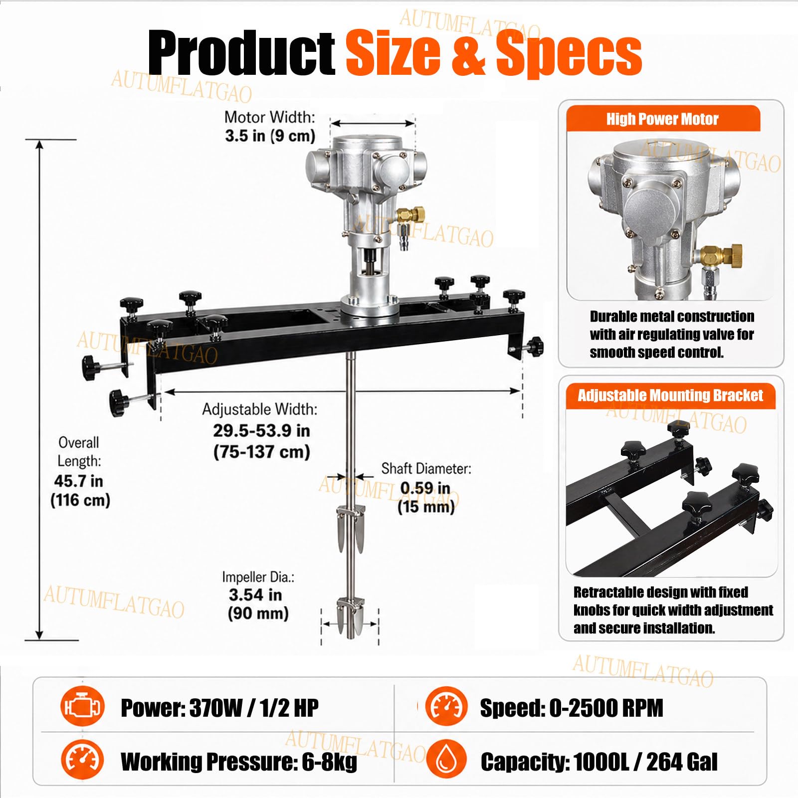 Agitatore Pneumatico 370W per Serbatoio IBC, Miscelatore per Cisterne con velocità Variabile 0-2500 Giri/Min, Girante Pieghevole in Acciaio Inox per Rivestimenti, Adesivi, Fragranze