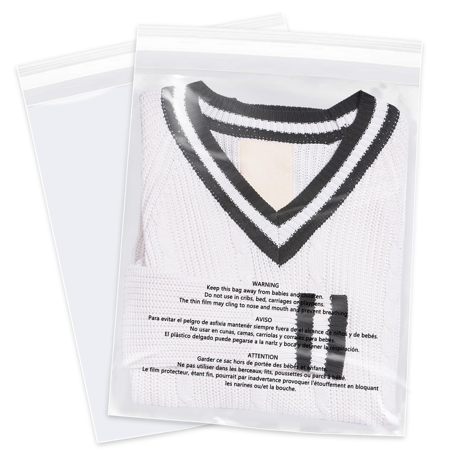 13" x 15" (100 Count) - Clear Poly Bags with Suffocation Warning Self Seal for Packaging, Shirts, Clothing & FBA - Permanent Adhesive