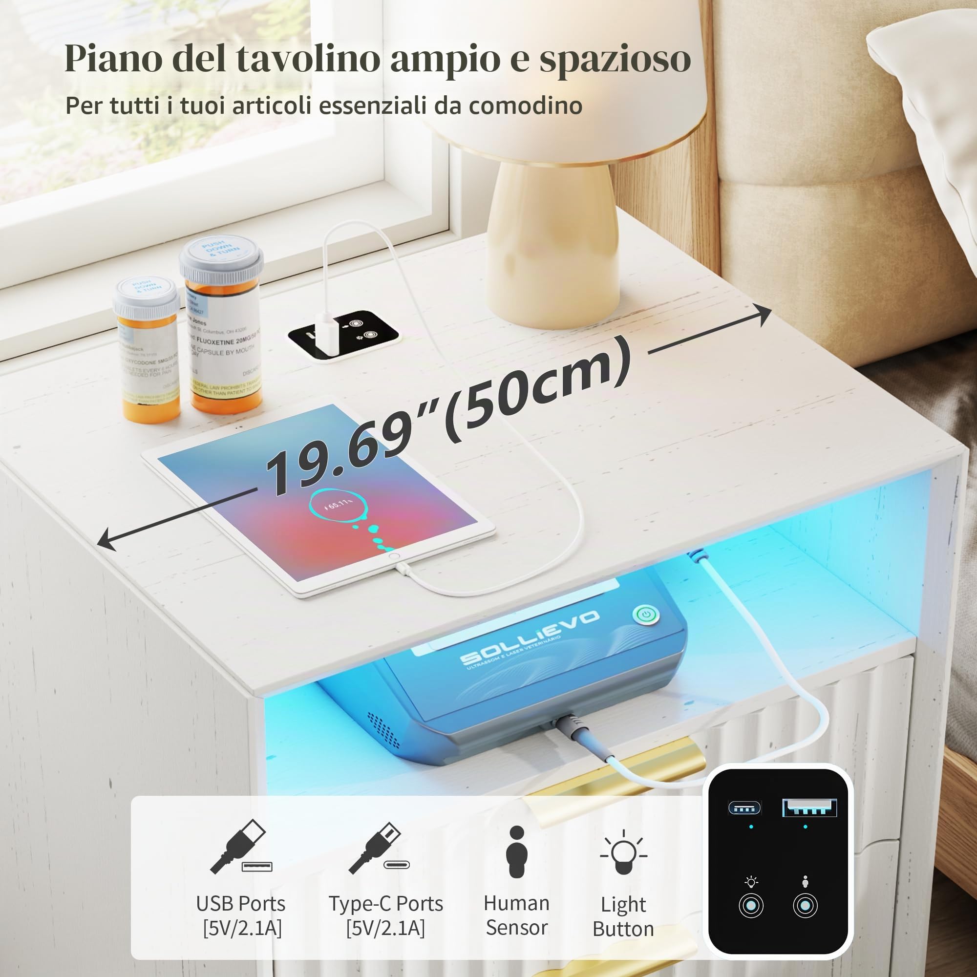 LVSOMT Comodino con stazione di ricarica e illuminazione a LED, cassetto nascosto con serratura RFID, comodino in stile Mid-Century Modern per la camera da letto, 2 cassetti e ripiano aperto, Bianco