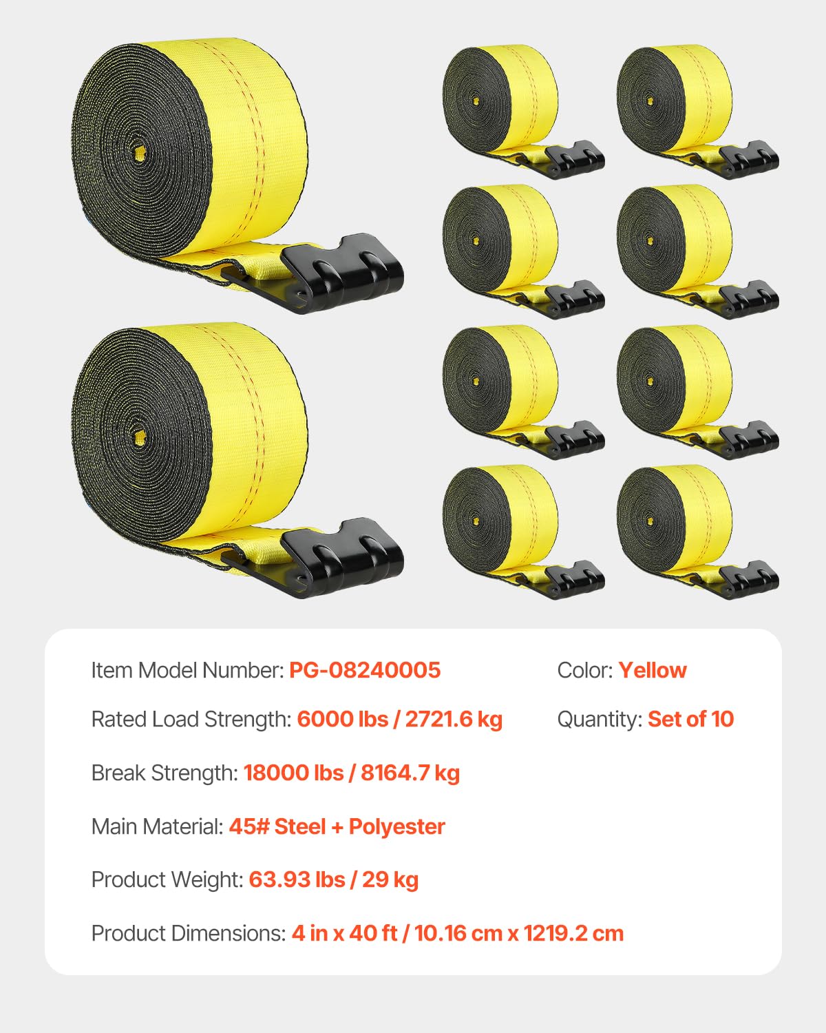 VEVOR Correa de cabrestante 4" x 40 pies 10 Piezas Carga 2,7 T Correas de camión de Resistencia a la Rotura 8,2 T con Gancho Plano, Control de Carga para remolques, Granja, rescates, Amarillo