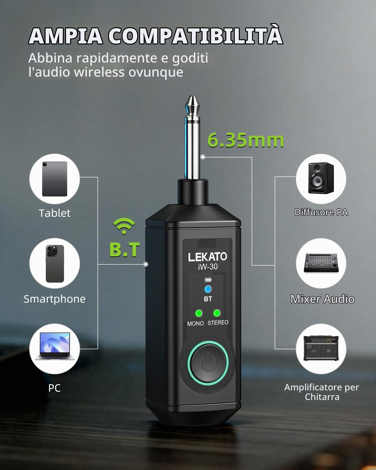 LEKATO iW-30 Ricevitore Bluetooth con jack da 6,35 mm, ricevitore audio mono/stereo wireless con 15 ore di riproduzione e 50 m per amplificatore, sistemi PA, tastiera e mixer
