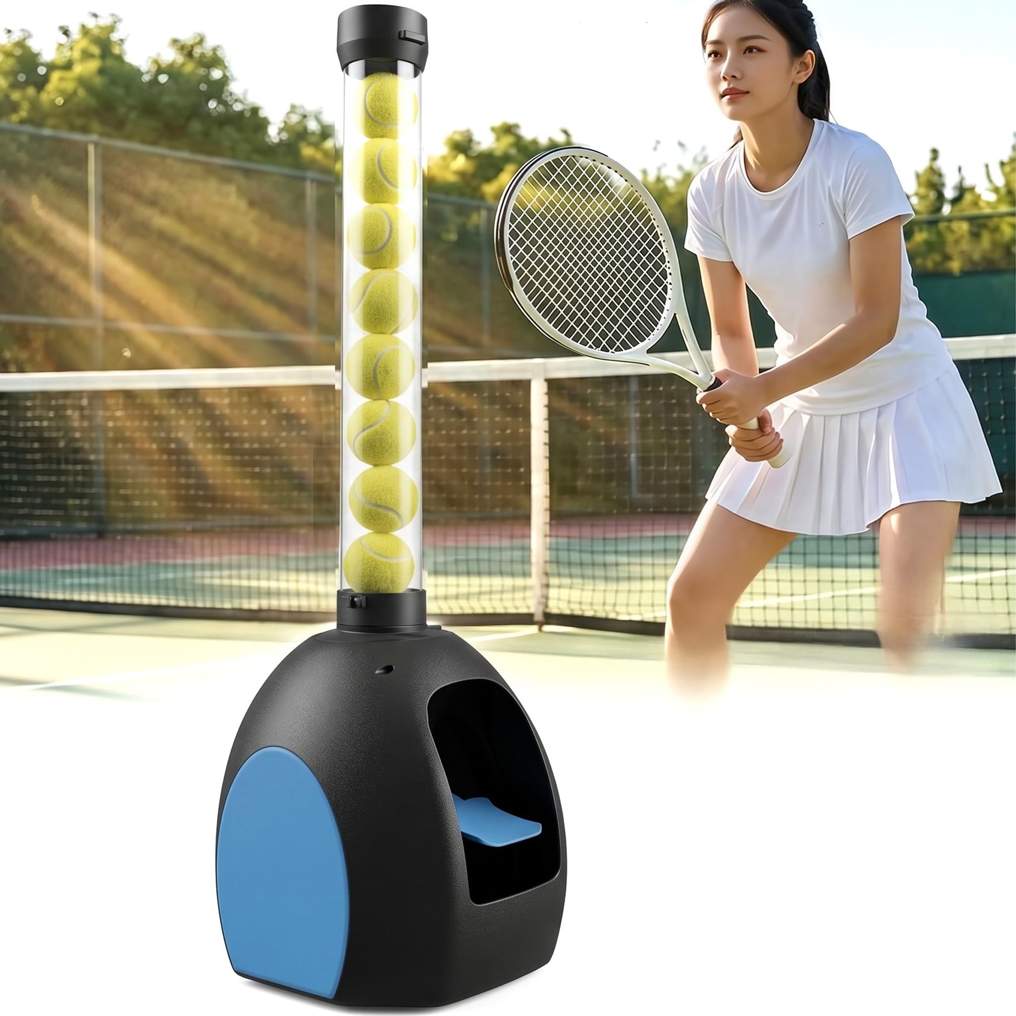 Macchina Lancia-Palline da Tennis Portatile, Macchina Lancia-Palline da Tennis, capacità 18 Palline, Frequenza Regolabile, con Telecomando, per Adulti, Principianti E Appassionati. Blue