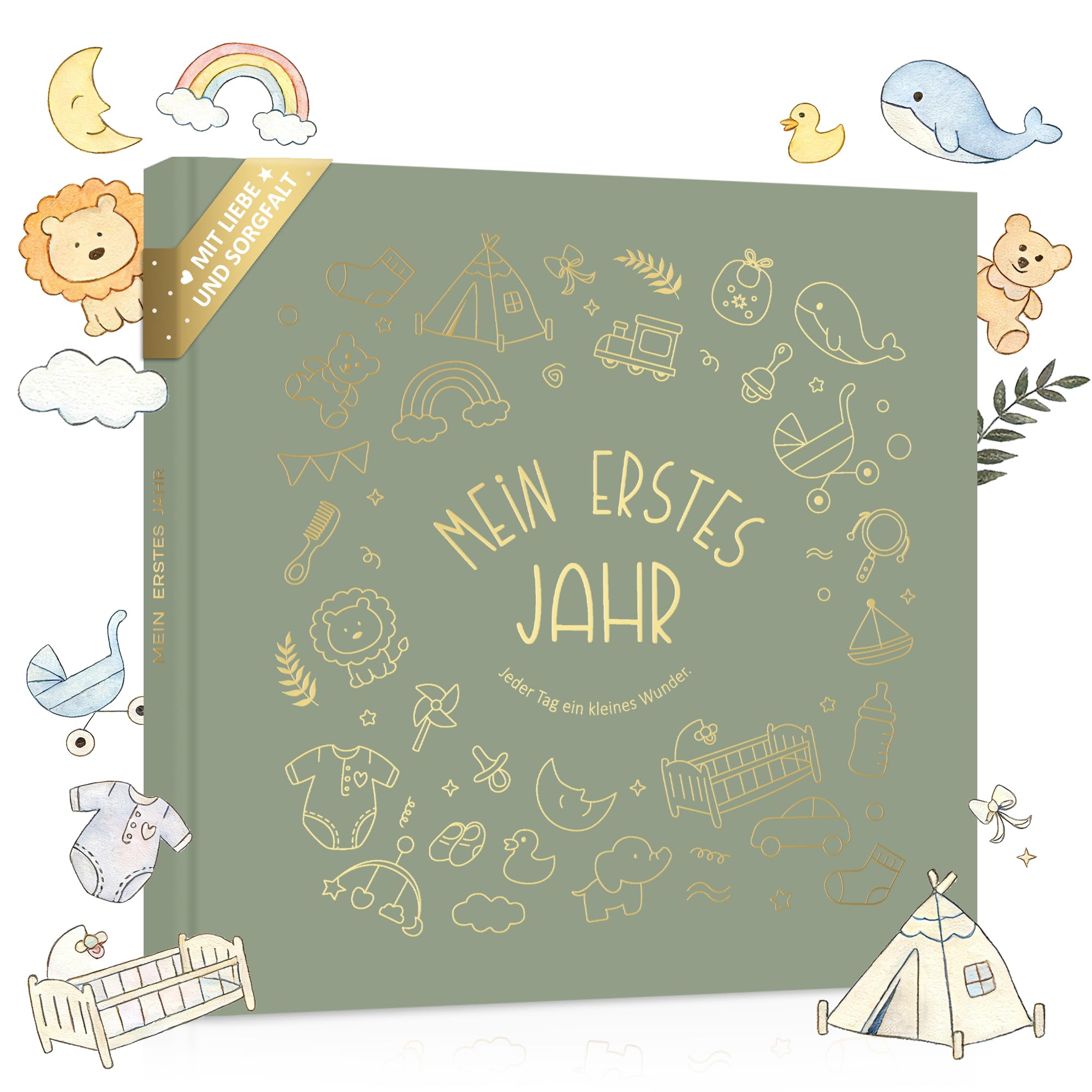 Mein erstes Jahr Babyalbum mit viel Platz für Fotos & stabilem Papier, Fotoalbum Baby Erinnerungsbuch, Babytagebuch zum Eintragen für das erste Lebensjahr 21x21cm, Baby Geschenk Geburt Junge & Mädchen