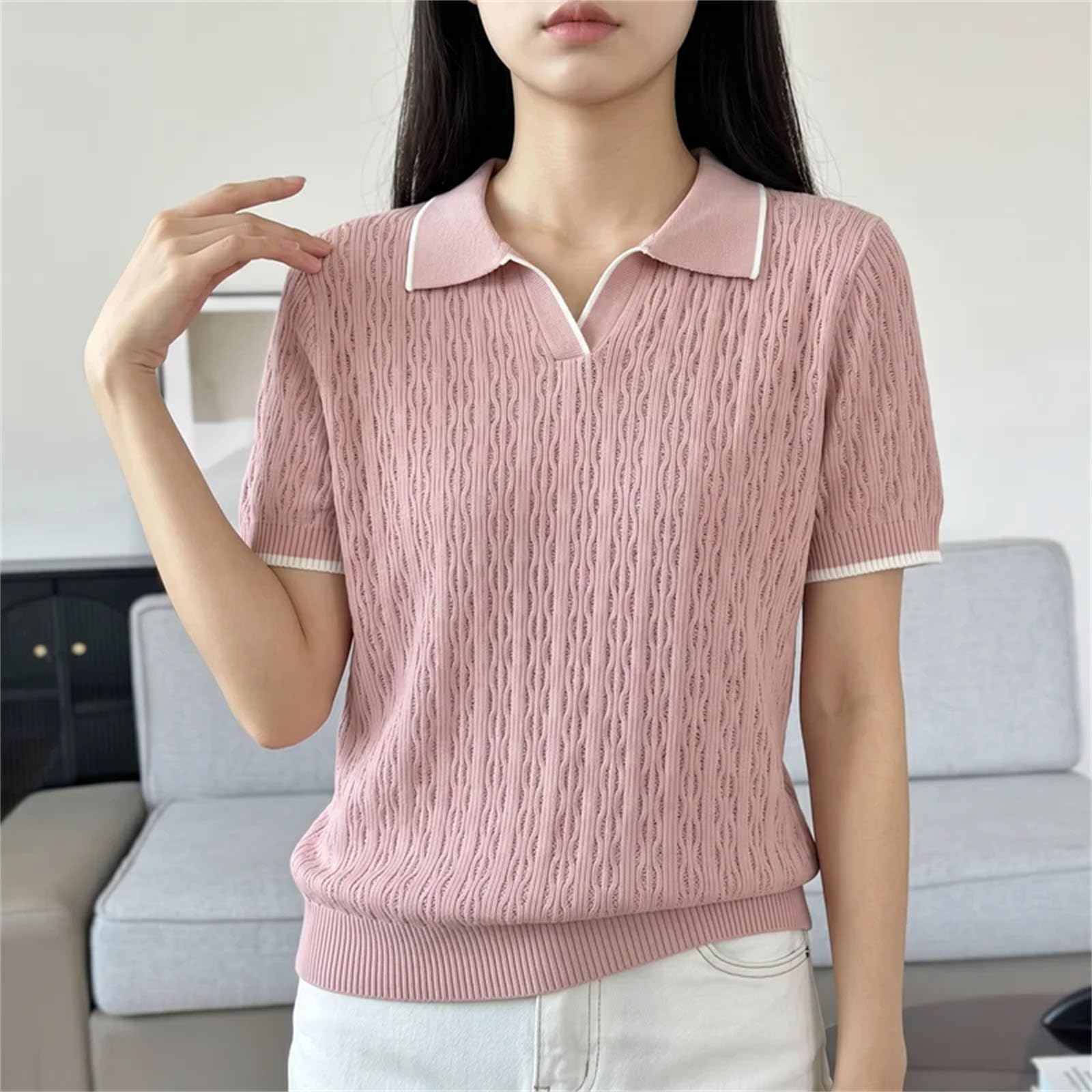 Polo da donna in cotone verde lavorato a maglia tinta unita manica corta casual pullover t-shirt