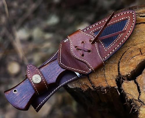 Miniatura 8 de Cuchillo de caza de Damasco hecho a mano | Cuchillo artesanal con funda de hoja fija | Cuchillo de camping con mango de madera, marrón