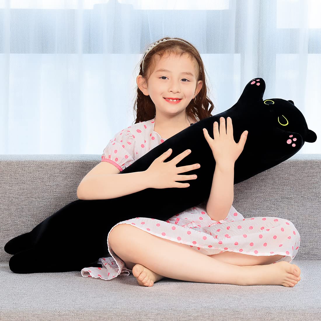 SNOWOLF Cartoon Cat Soft Plush Long Throw Pillow Kitten Pillow Cuddly Stuffed Cute Plush Doll Toy Plush Animals Plush Animal Gift (Black - Image 3