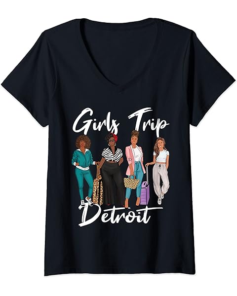 Womens Girls Trip Detroit For Melanin Afro Black Vacation Women V-Neck T-Shirt