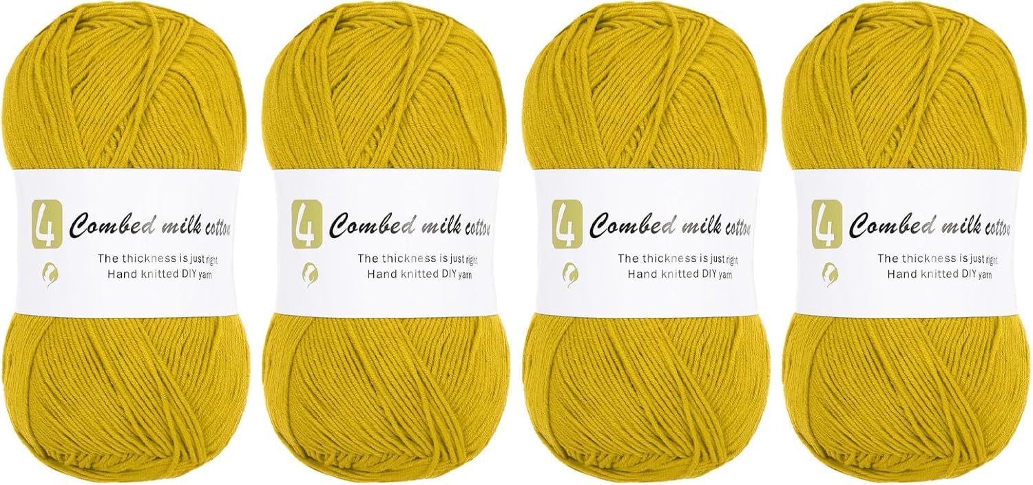 Cotton Yarn, 60% Cotton, 40% Acrylic Soft Knitting Yarn [for Hand DIY Bag Cushion Crocheting Knitting ] -4 Packages of 100g/3.52oz(Per Skein 100g/361yards)/Gold