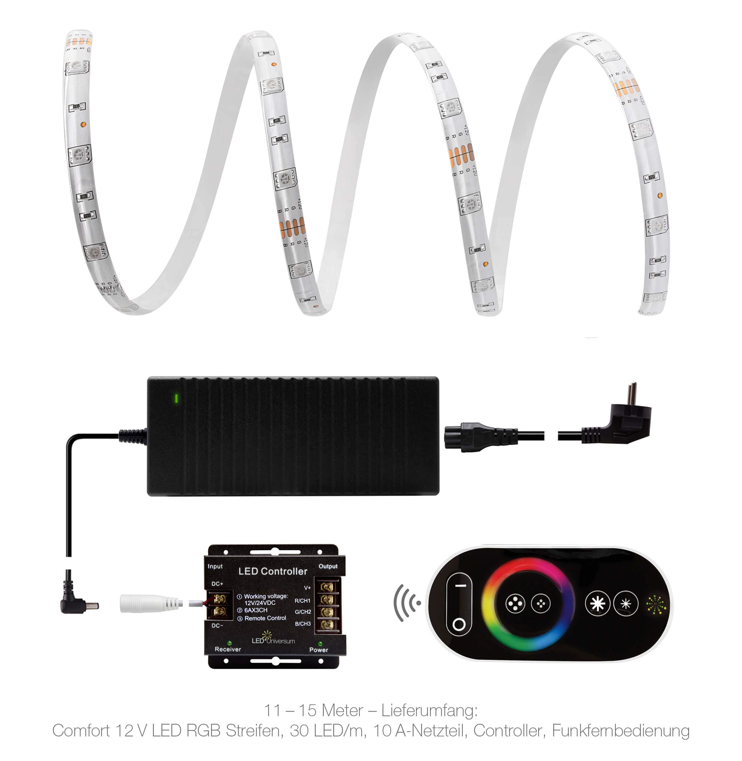 LED Universum Comfort RGB tiras juego de radio, 14,5 metros, 60 LED/m, IP65, incluye controlador, mando a distancia por radio y fuente de alimentación
