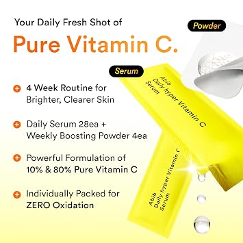Abib Hyper Vita Shot 28 Days Program (Serum & Powder) 1.42fl.oz.,0.03oz (42ml+0.8g) | 10% Vitamin C Serum Individual Daily Pouches with Weekly Booster Powder, Ascorbic Acid, Korean Skin Care