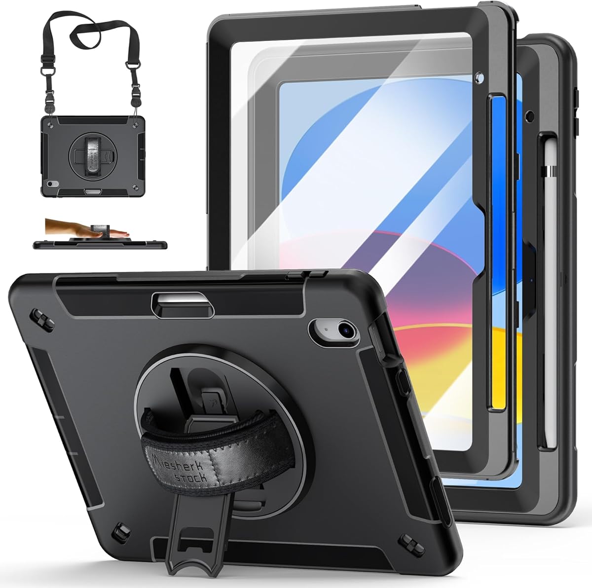 Case for iPad (A16) 11th/10th Generation Case: Protective Cover for iPad 11th Gen 11 Inch 2025 &10th Gen 10.9" 2022 with Screen Protector- Stand- Shoulder Strap- Handle- Pencil Holder-Black