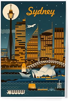 Lantern Press Sydney, Australia, Retro Skyline, 8x12 Inch Art Print Wall Decor