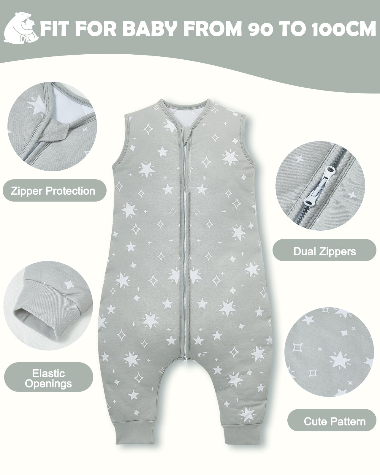 Lictin Sacco a pelo con piedi-2.5 TOG Sacco a pelo per bambini, stampa a stelle grigie, taglia: M-80 cm, altezza adatta del bambino (90-100 cm/18 mesi-3 anni)
