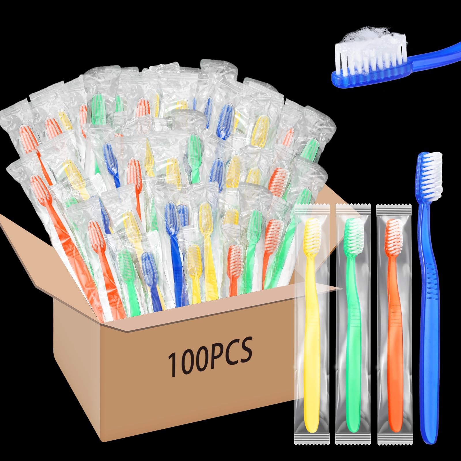 100 Pcs Prepasted Disposable Toothbrushes Bulk Individually Wrapped Pre Pasted Soft Bristle Tooth Brush Set Travel Colorful Toothbrushes for Homeless Gift Hotel Camping Travel