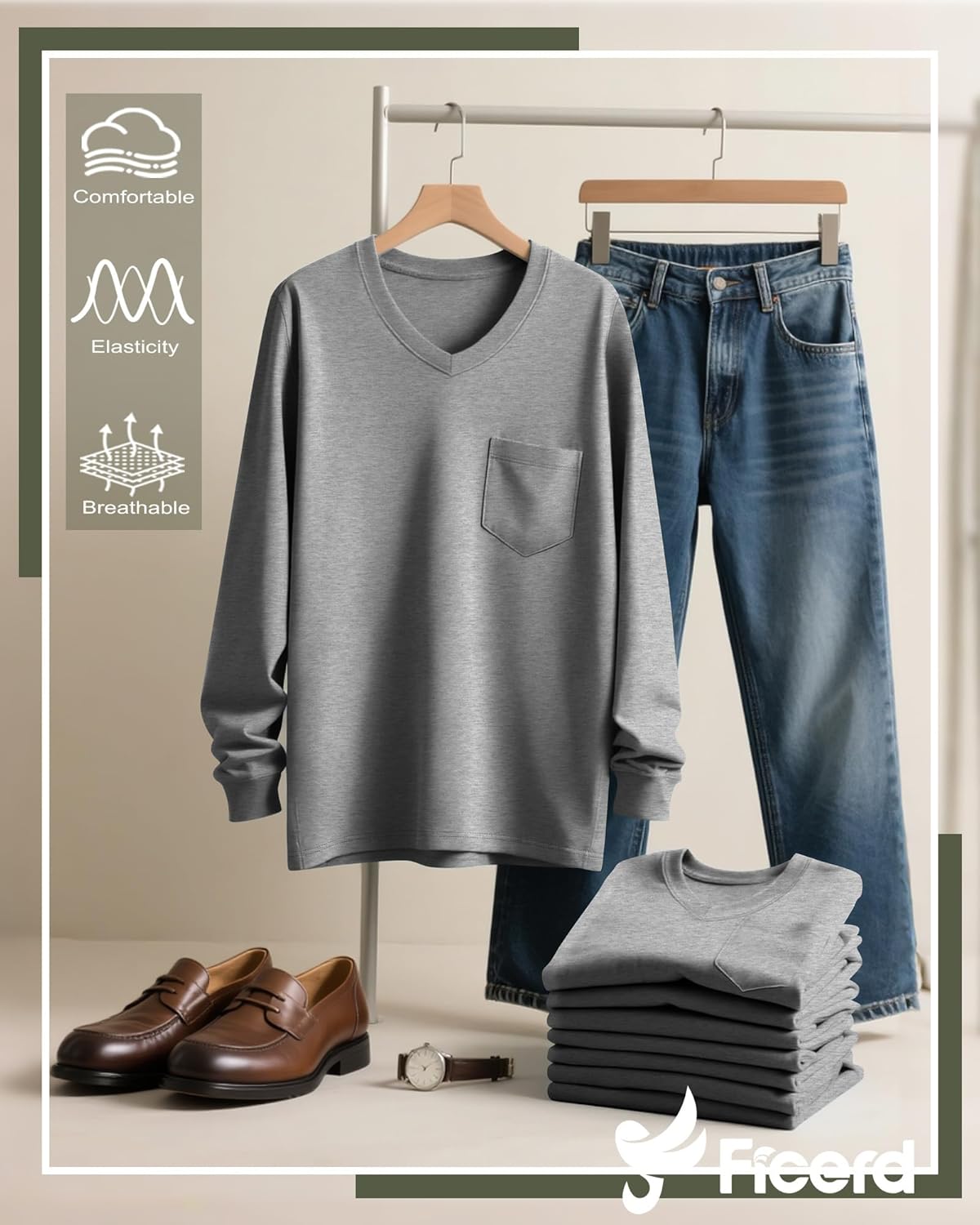 Ficerd 3 Pack Men's Big and Tall V Neck Shirts with Pocket Long Sleeve Plus Size Tops Basic Casual Loose Fall Tee - Image 3